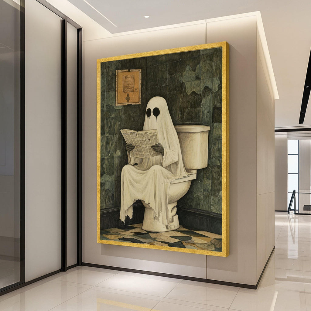 Funny Ghost Canvas Print – Halloween Wall Art, Spooky Bathroom Wall Decoration, Humorous Wall Decor, Ready to Hang Canvas