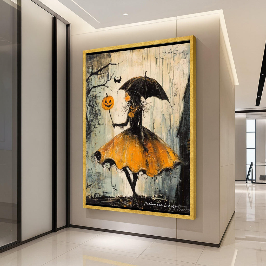 Halloween Girl Canvas Print – Whimsical Wall Art, Pumpkin Balloon Wall Decoration, Dark Wall Artwork, Ready to Hang Decor