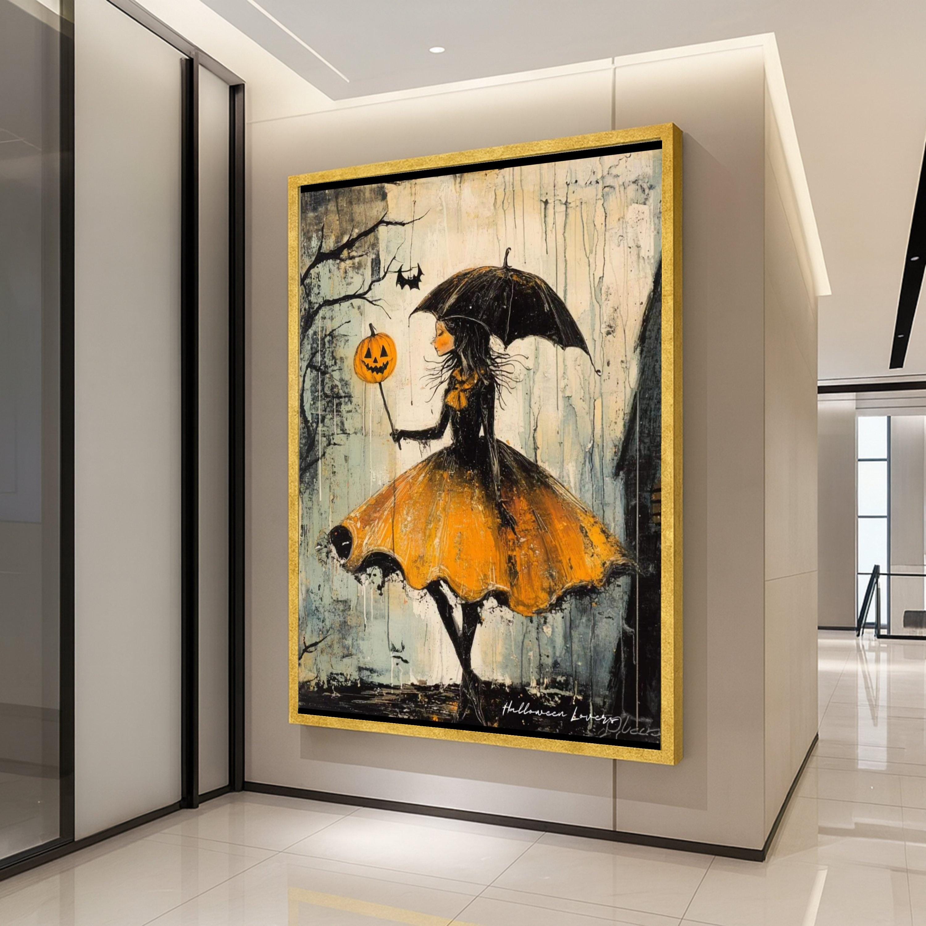 Halloween Girl Canvas Print – Whimsical Wall Art, Pumpkin Balloon Wall Decoration, Dark Wall Artwork, Ready to Hang Decor
