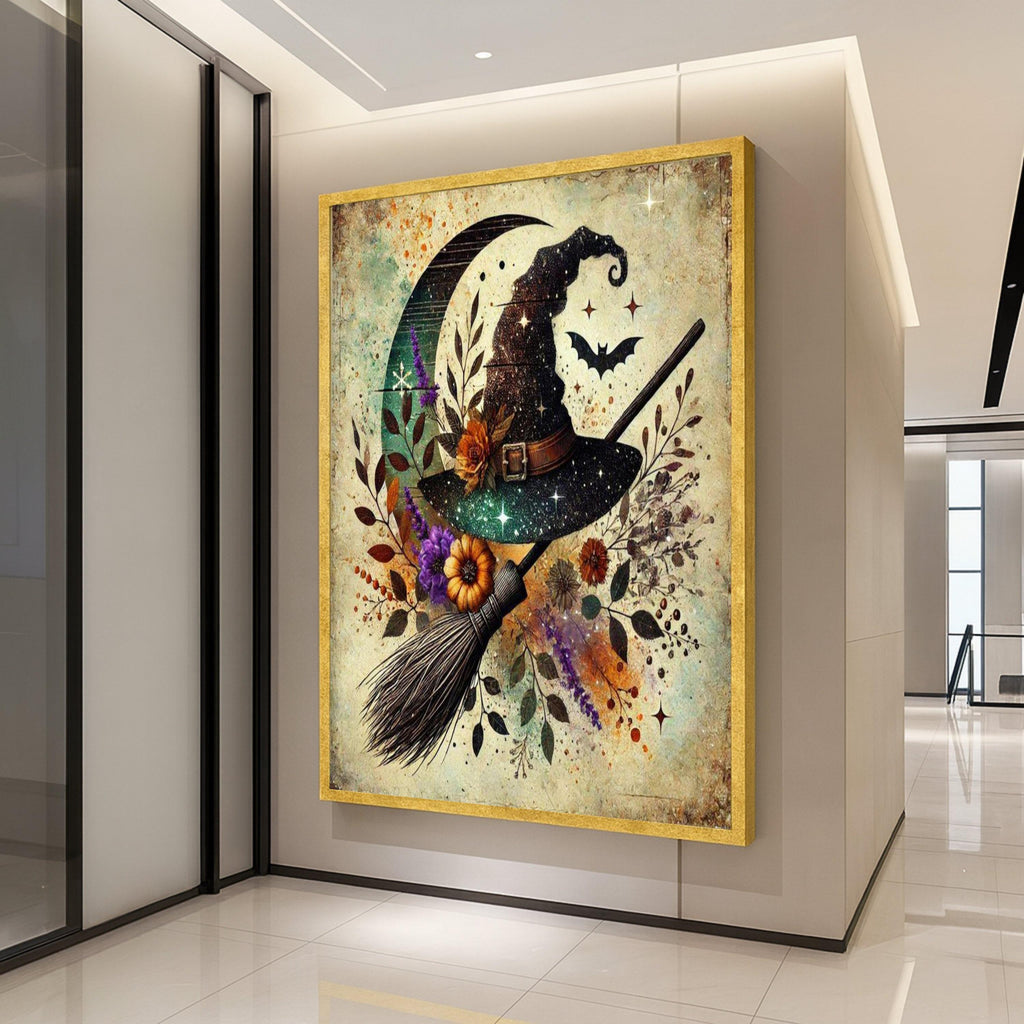 Witch Hat Halloween Canvas Print – Mystical Wall Art, Rustic Witch Broom Decor, Moon and Bat Wall Decoration, Ready to Hang Wall Decor