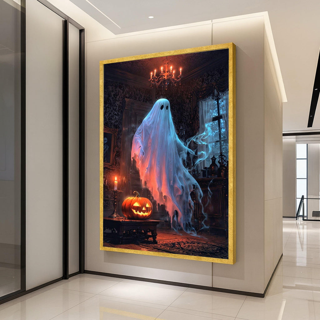 Ghost Canvas Print – Haunted House Wall Art, Halloween Wall Decoration, Spooky Wall Decor, Jack-o’-Lantern Art, Ready to Hang