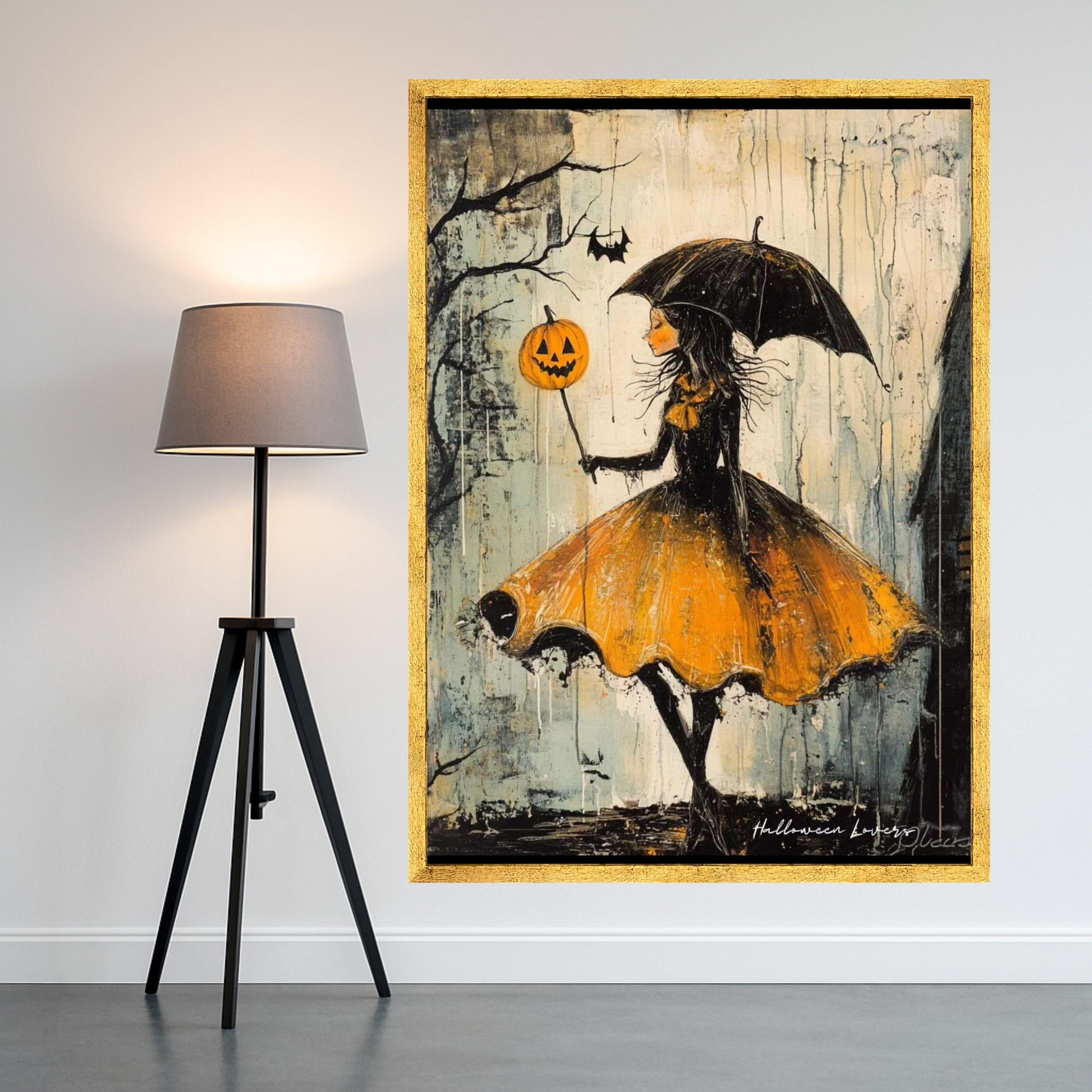 Halloween Girl Canvas Print – Whimsical Wall Art, Pumpkin Balloon Wall Decoration, Dark Wall Artwork, Ready to Hang Decor