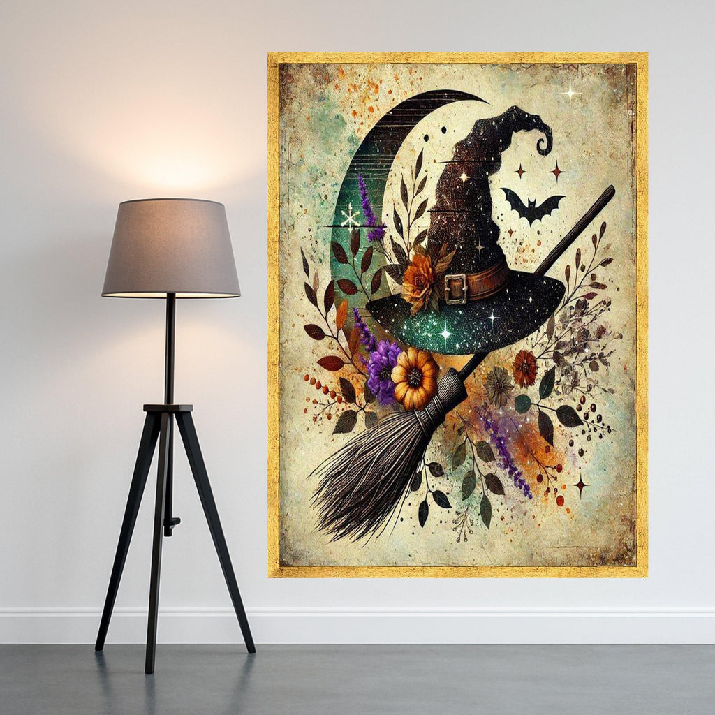 Witch Hat Halloween Canvas Print – Mystical Wall Art, Rustic Witch Broom Decor, Moon and Bat Wall Decoration, Ready to Hang Wall Decor