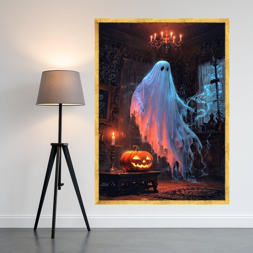 Ghost Canvas Print – Haunted House Wall Art, Halloween Wall Decoration, Spooky Wall Decor, Jack-o’-Lantern Art, Ready to Hang
