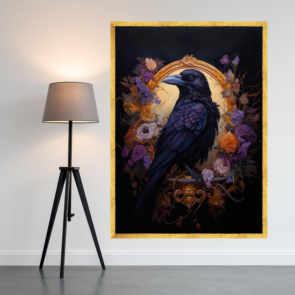 Raven Canvas Print – Gothic Wall Art with Black Bird and Roses, Dark Romantic Wall Decoration, Baroque Raven Wall Decor Ready to Hang