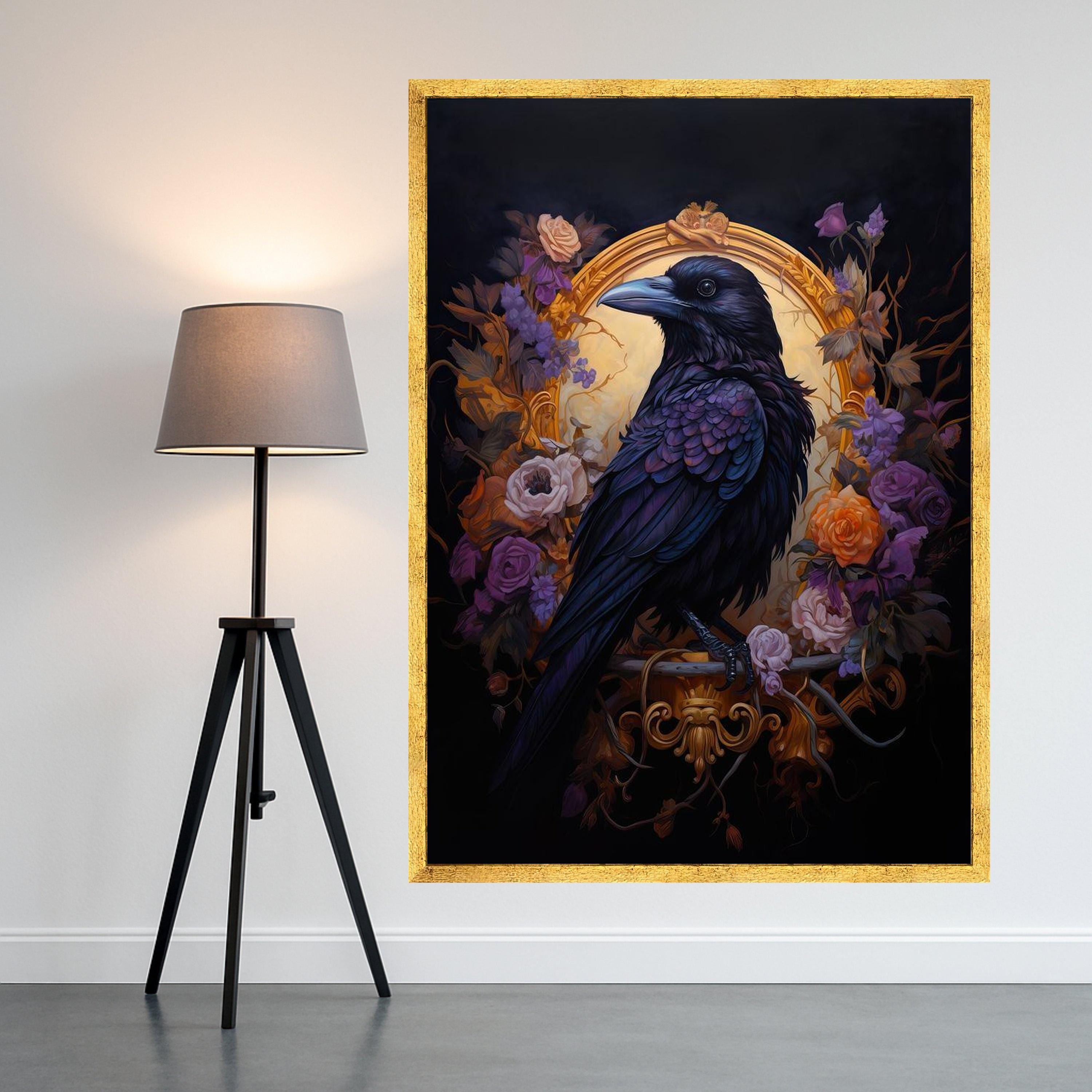 Raven Canvas Print – Gothic Wall Art with Black Bird and Roses, Dark Romantic Wall Decoration, Baroque Raven Wall Decor Ready to Hang