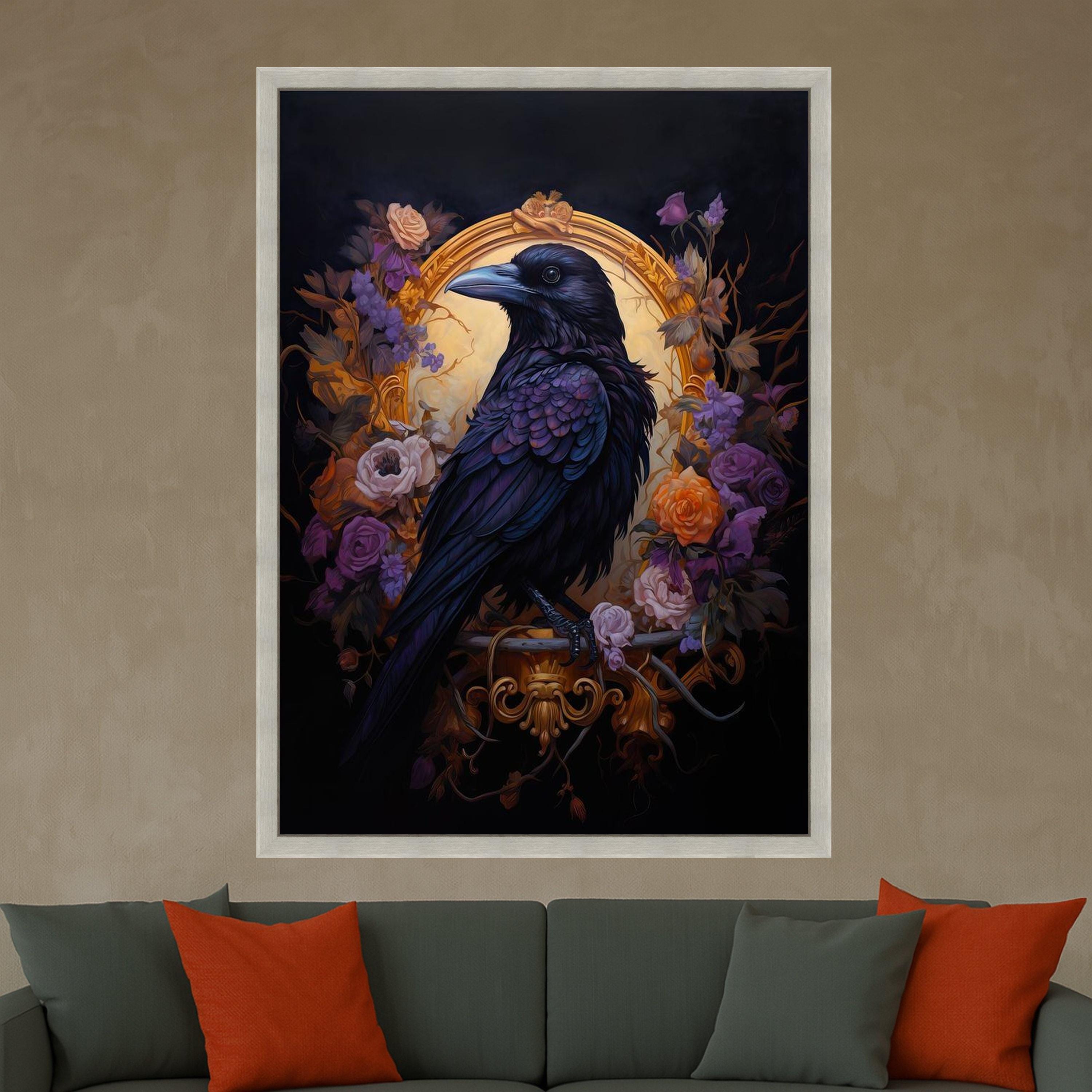 Raven Canvas Print – Gothic Wall Art with Black Bird and Roses, Dark Romantic Wall Decoration, Baroque Raven Wall Decor Ready to Hang