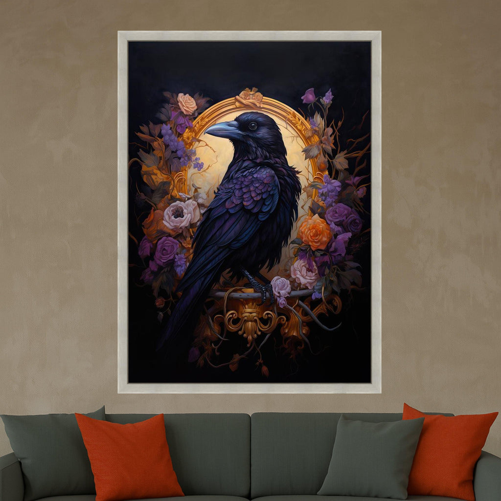 Raven Canvas Print – Gothic Wall Art with Black Bird and Roses, Dark Romantic Wall Decoration, Baroque Raven Wall Decor Ready to Hang