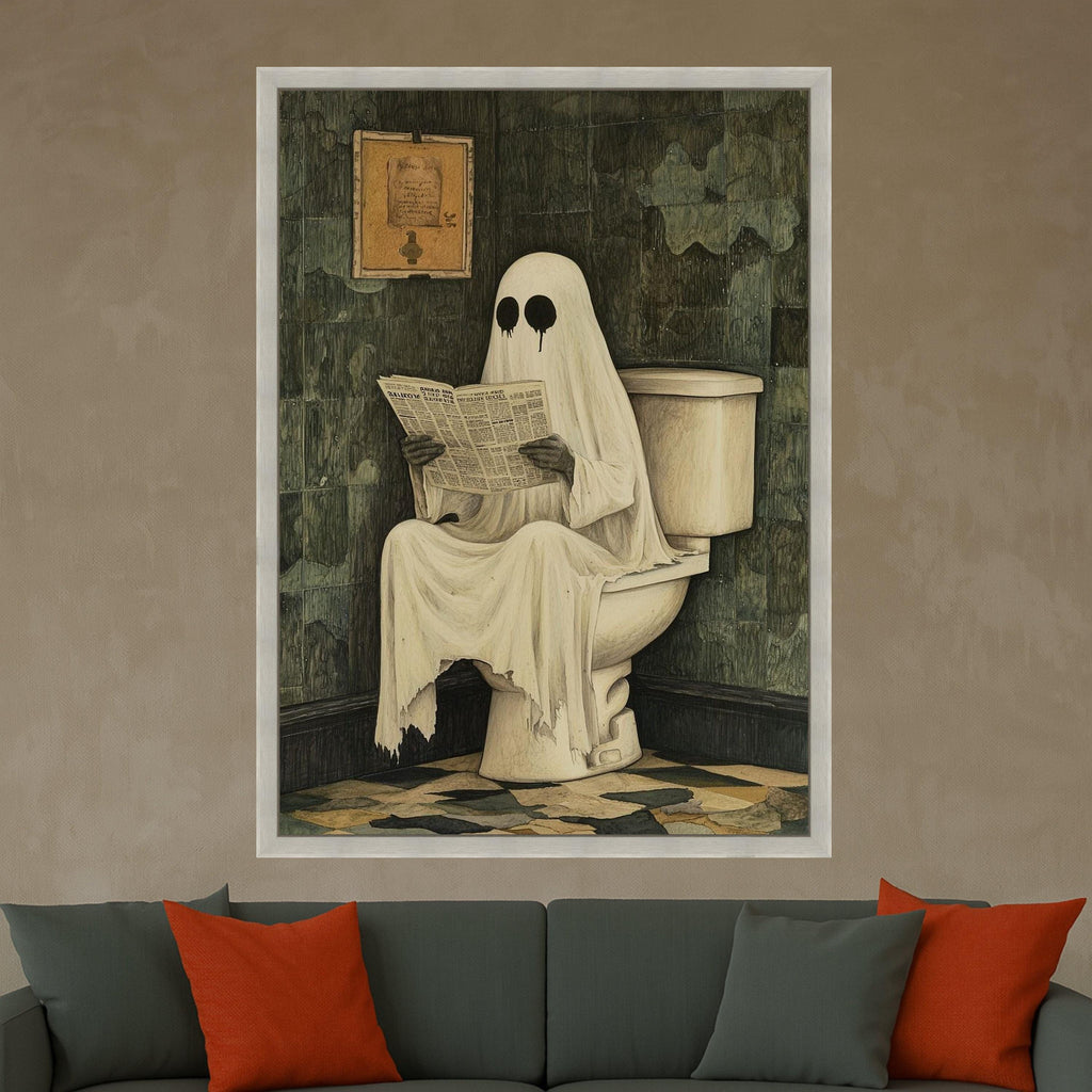 Funny Ghost Canvas Print – Halloween Wall Art, Spooky Bathroom Wall Decoration, Humorous Wall Decor, Ready to Hang Canvas
