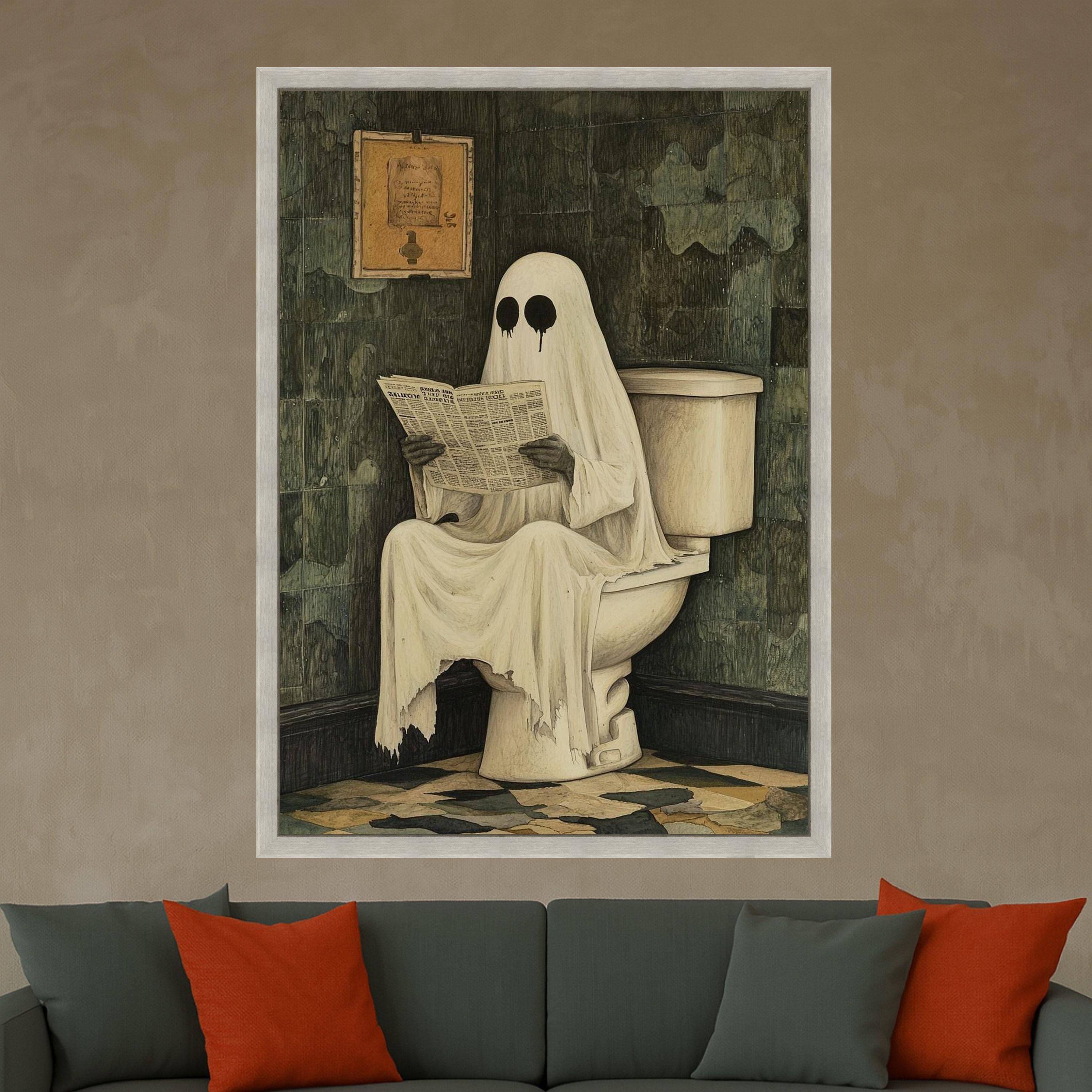Funny Ghost Canvas Print – Halloween Wall Art, Spooky Bathroom Wall Decoration, Humorous Wall Decor, Ready to Hang Canvas