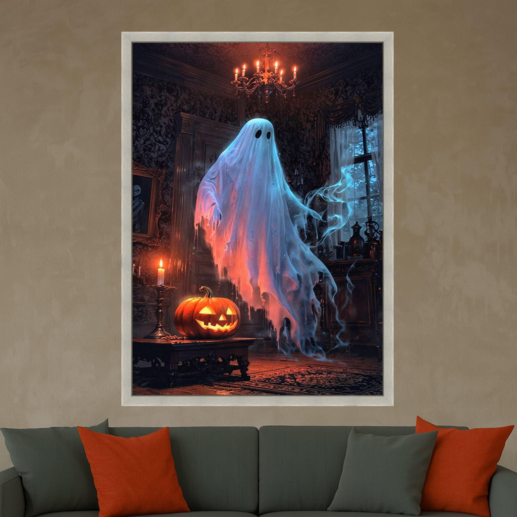 Ghost Canvas Print – Haunted House Wall Art, Halloween Wall Decoration, Spooky Wall Decor, Jack-o’-Lantern Art, Ready to Hang