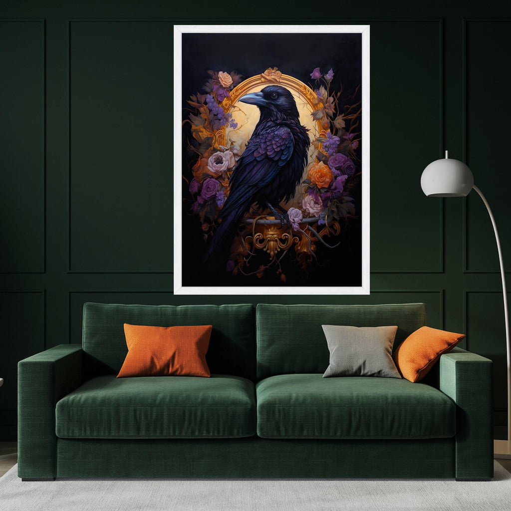 Raven Canvas Print – Gothic Wall Art with Black Bird and Roses, Dark Romantic Wall Decoration, Baroque Raven Wall Decor Ready to Hang