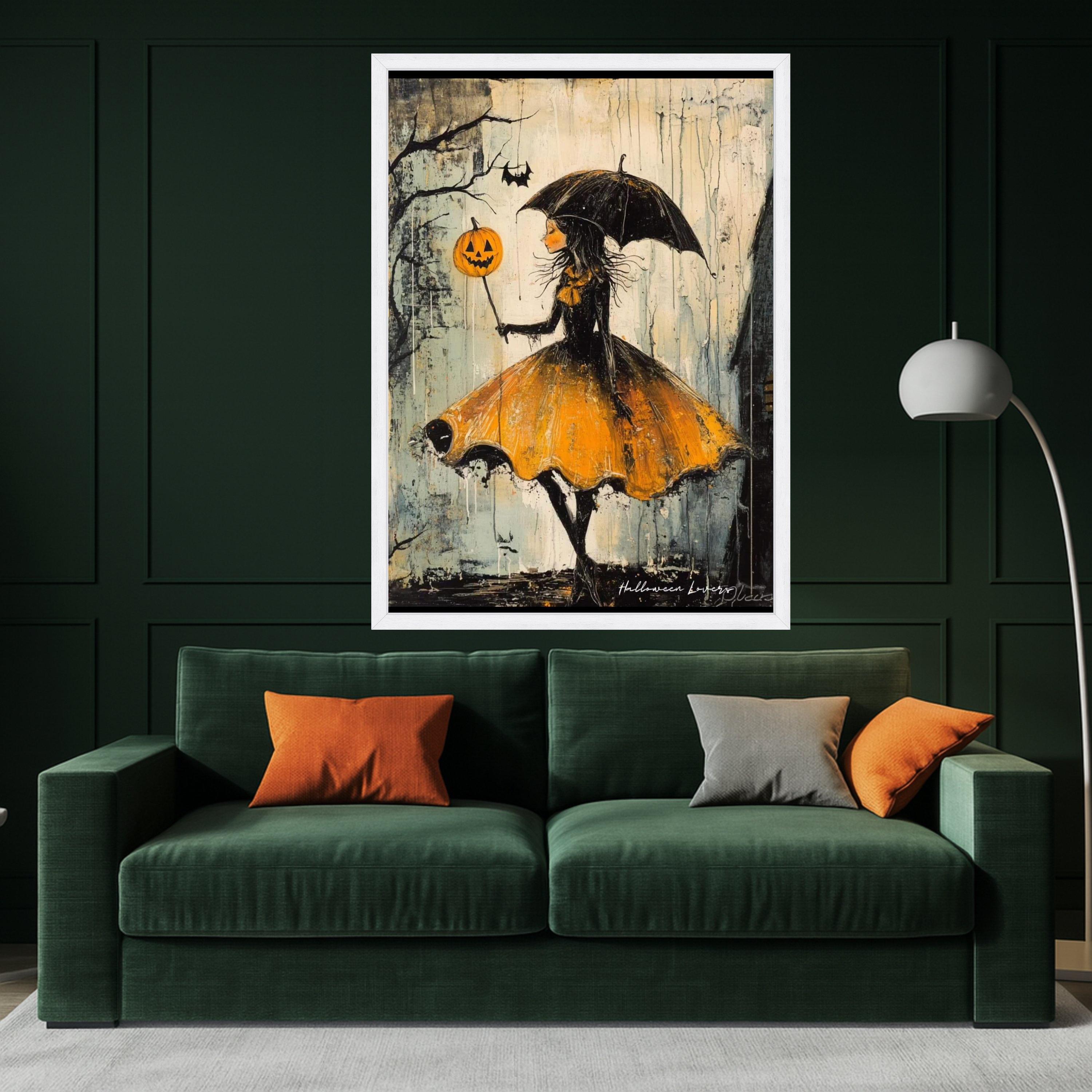 Halloween Girl Canvas Print – Whimsical Wall Art, Pumpkin Balloon Wall Decoration, Dark Wall Artwork, Ready to Hang Decor