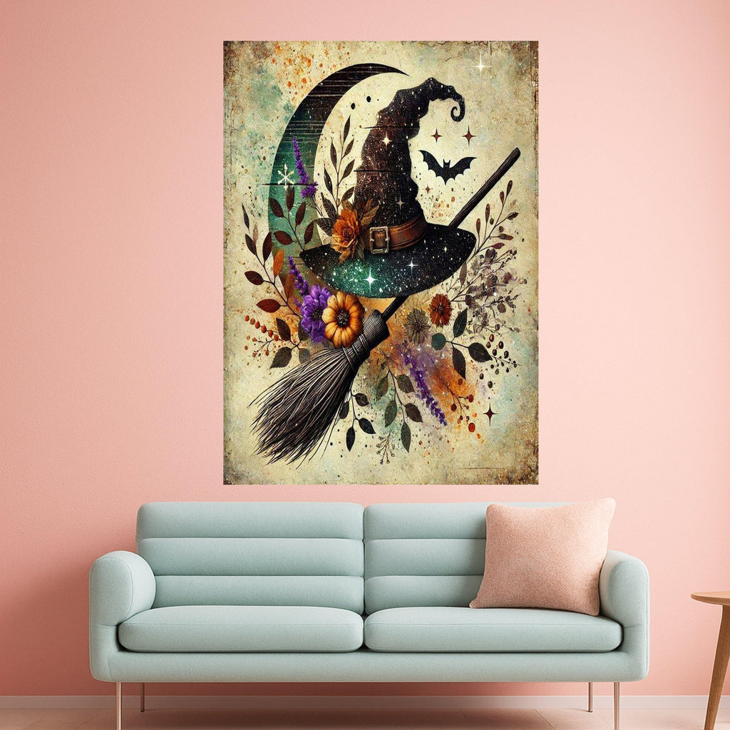Witch Hat Halloween Canvas Print – Mystical Wall Art, Rustic Witch Broom Decor, Moon and Bat Wall Decoration, Ready to Hang Wall Decor