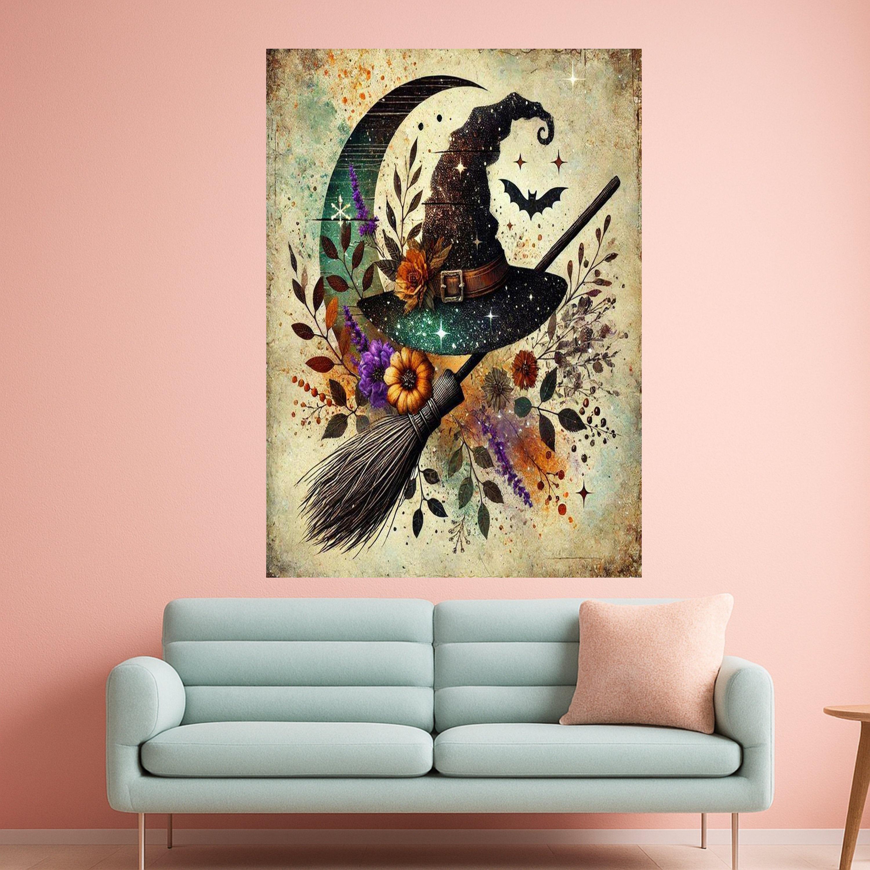 Witch Hat Halloween Canvas Print – Mystical Wall Art, Rustic Witch Broom Decor, Moon and Bat Wall Decoration, Ready to Hang Wall Decor