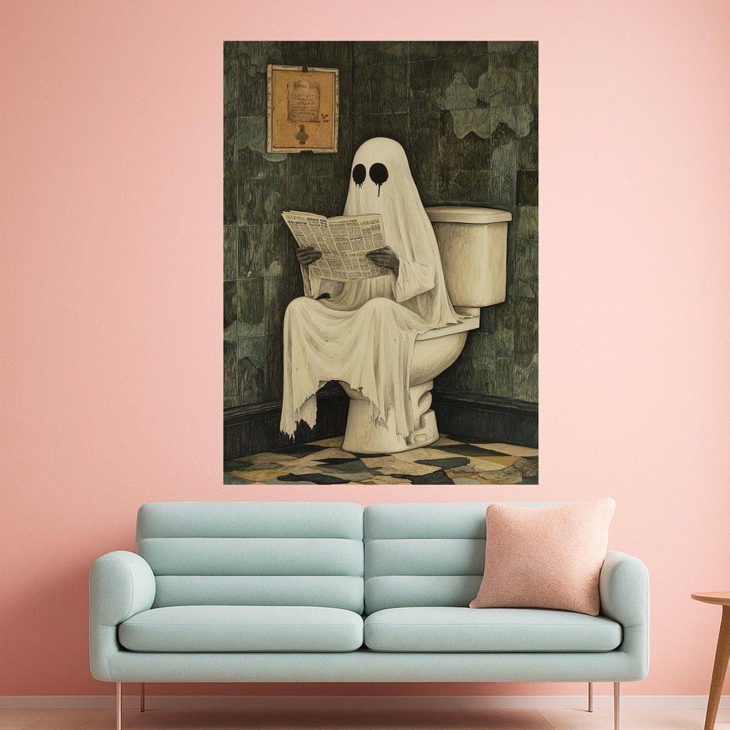 Funny Ghost Canvas Print – Halloween Wall Art, Spooky Bathroom Wall Decoration, Humorous Wall Decor, Ready to Hang Canvas