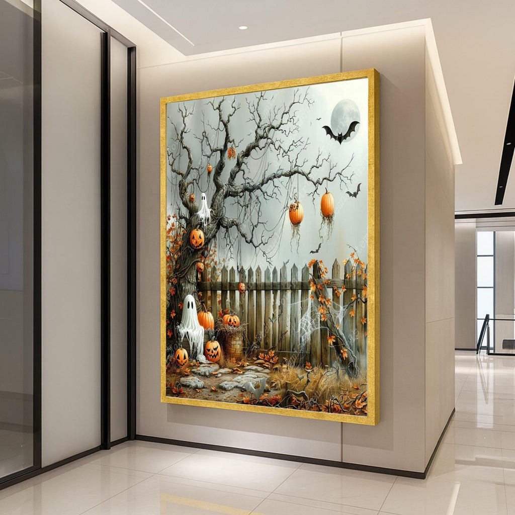 Halloween Canvas Print – Spooky Pumpkin Wall Art, Ghost Tree Wall Decoration, Fall Wall Decor, Ready to Hang Halloween Art