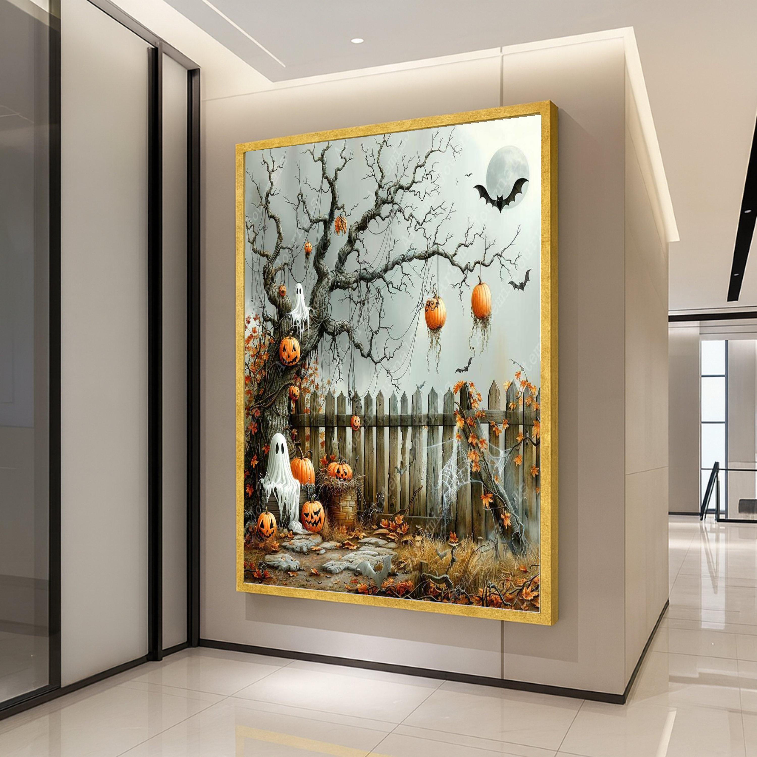 Halloween Canvas Print – Spooky Pumpkin Wall Art, Ghost Tree Wall Decoration, Fall Wall Decor, Ready to Hang Halloween Art