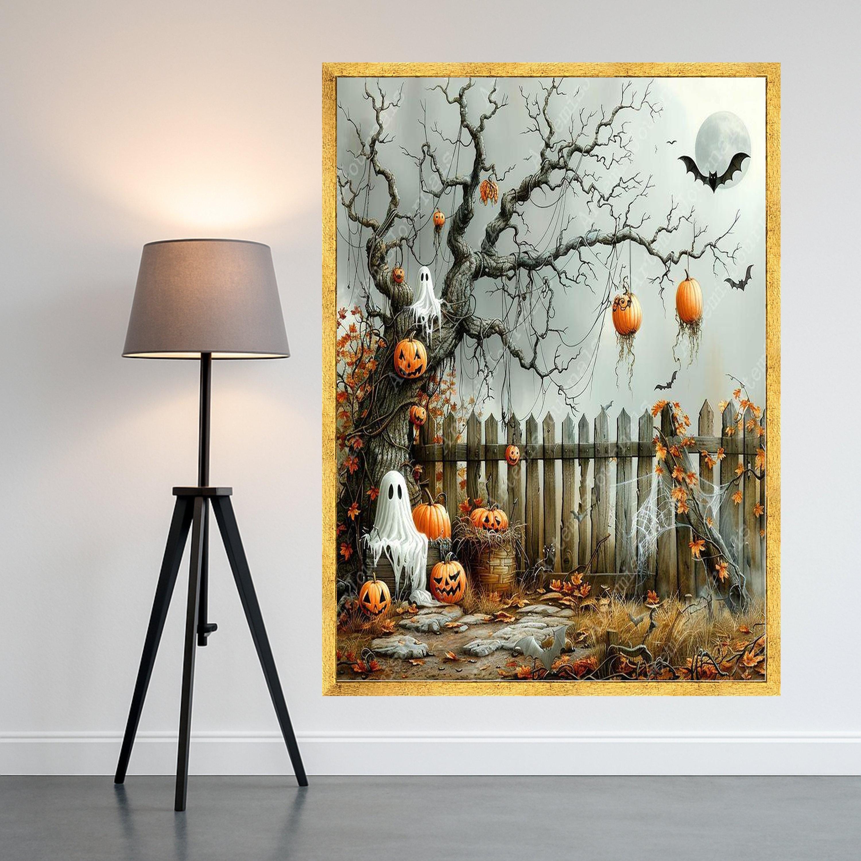 Halloween Canvas Print – Spooky Pumpkin Wall Art, Ghost Tree Wall Decoration, Fall Wall Decor, Ready to Hang Halloween Art