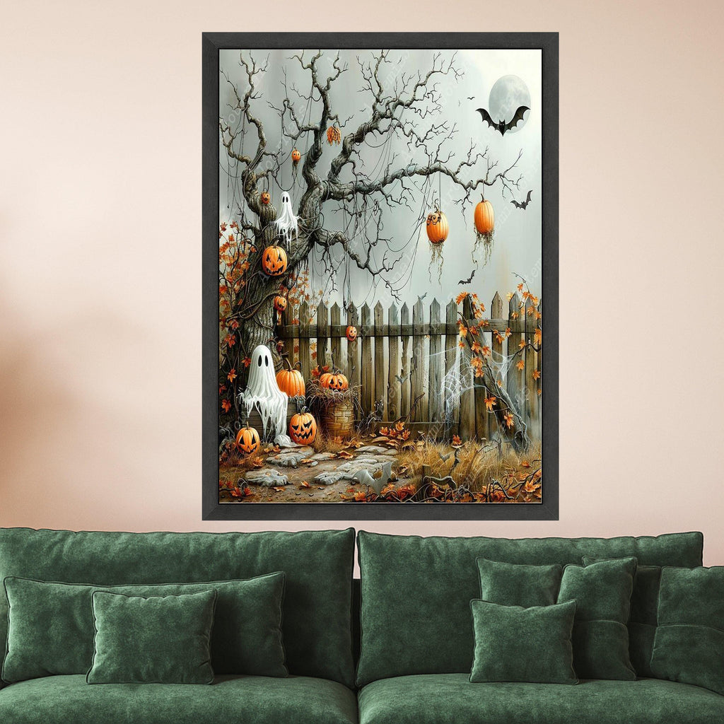 Halloween Canvas Print – Spooky Pumpkin Wall Art, Ghost Tree Wall Decoration, Fall Wall Decor, Ready to Hang Halloween Art