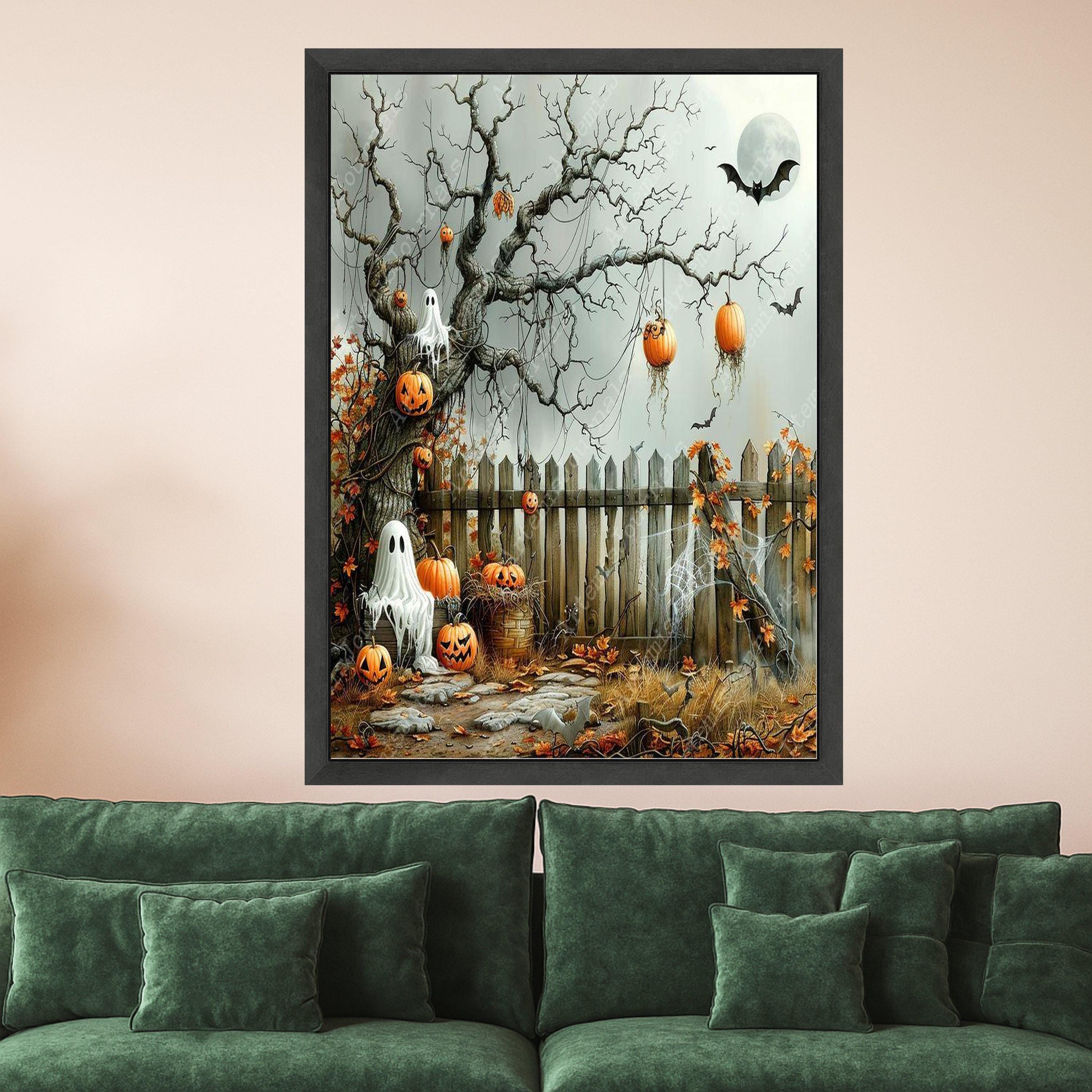 Halloween Canvas Print – Spooky Pumpkin Wall Art, Ghost Tree Wall Decoration, Fall Wall Decor, Ready to Hang Halloween Art