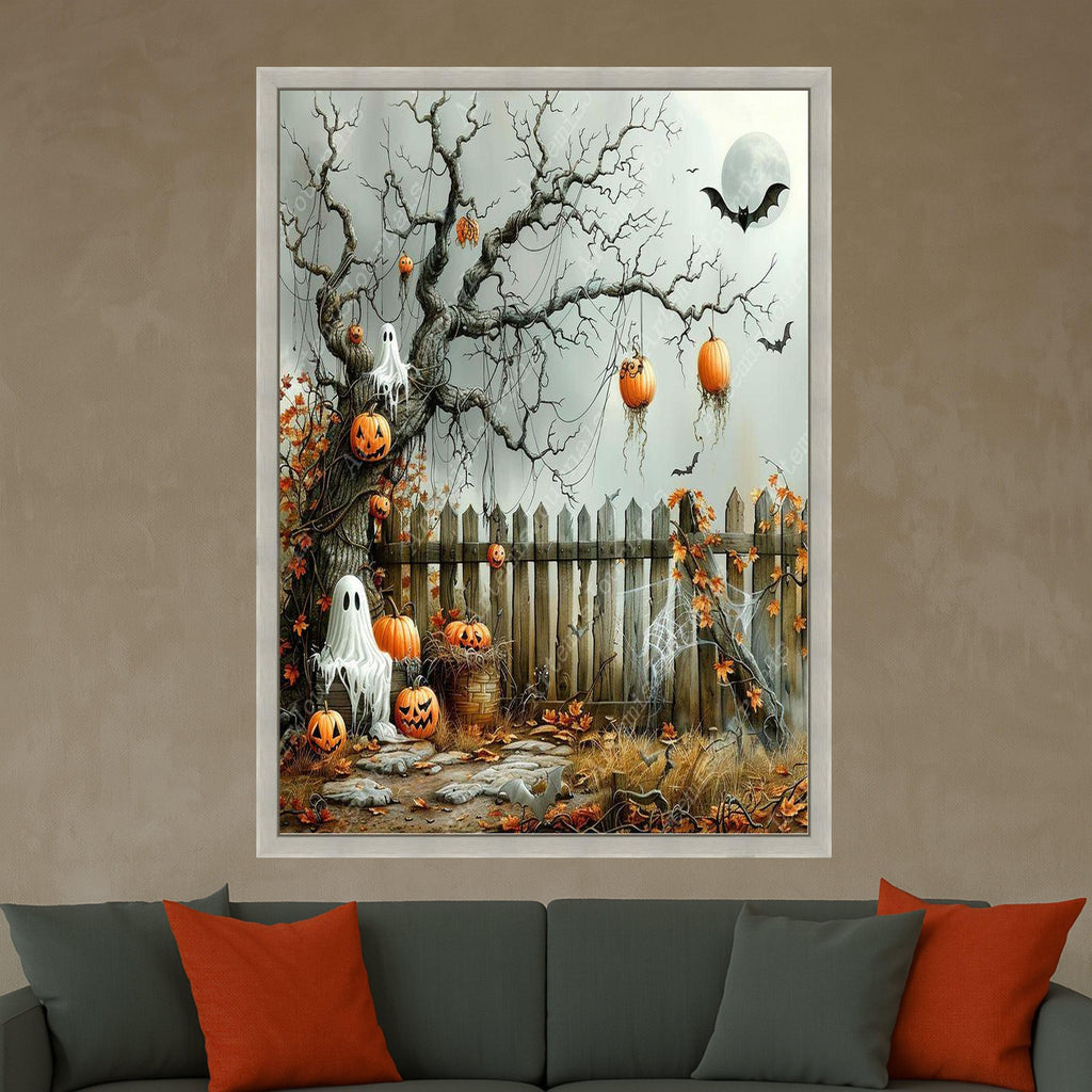 Halloween Canvas Print – Spooky Pumpkin Wall Art, Ghost Tree Wall Decoration, Fall Wall Decor, Ready to Hang Halloween Art