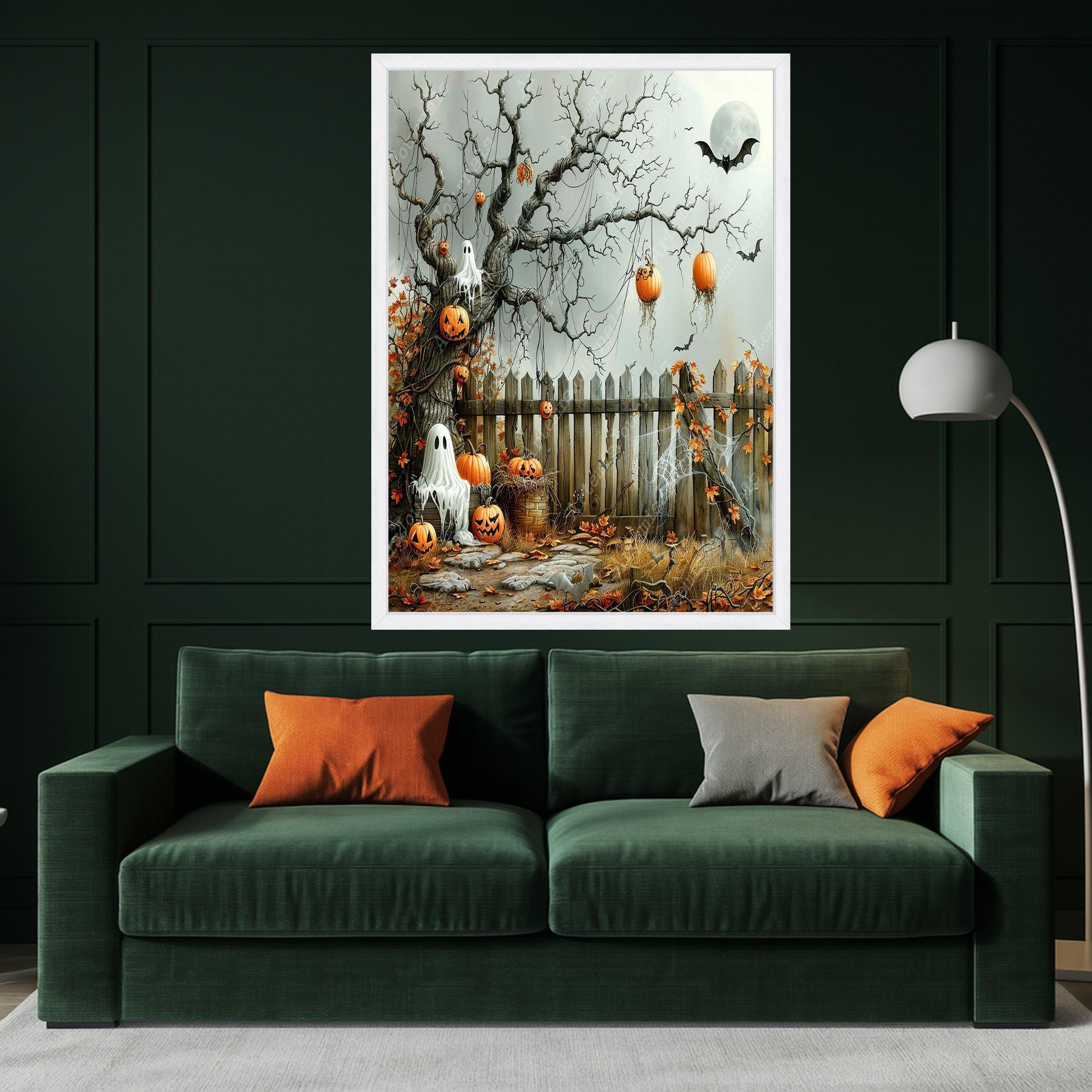 Halloween Canvas Print – Spooky Pumpkin Wall Art, Ghost Tree Wall Decoration, Fall Wall Decor, Ready to Hang Halloween Art