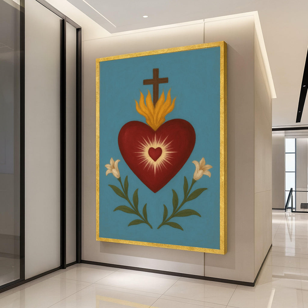Sacred Heart Canvas Print – Religious Wall Art, Folk Style Wall Decoration, Christian Wall Decor Ready to Hang