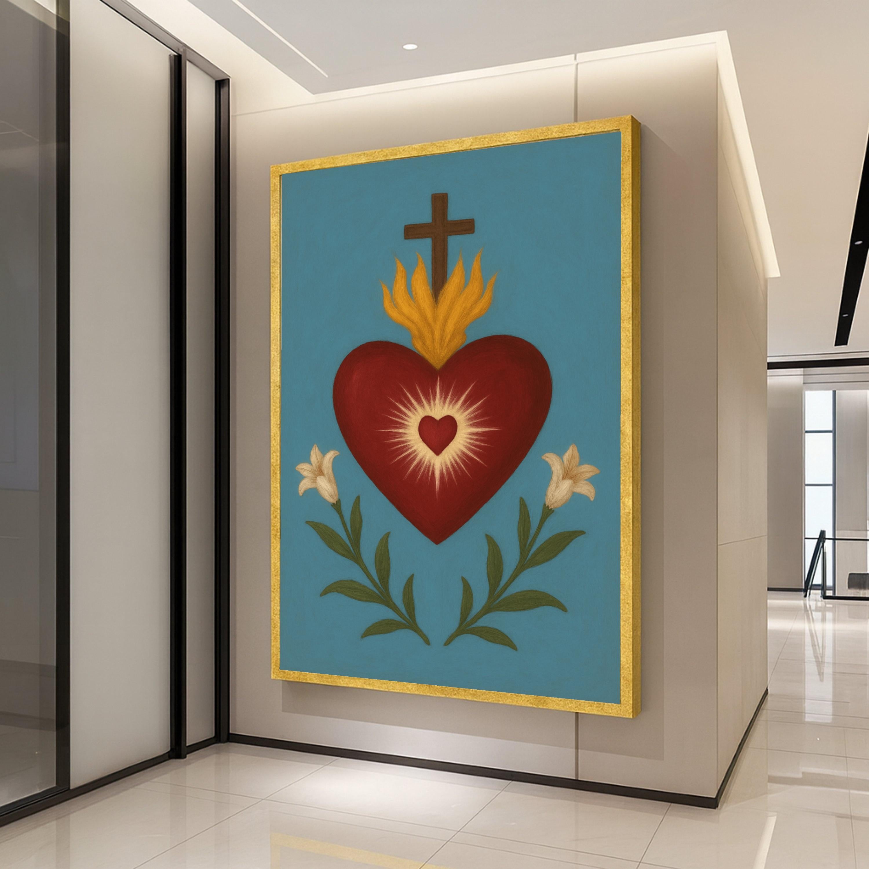 Sacred Heart Canvas Print – Religious Wall Art, Folk Style Wall Decoration, Christian Wall Decor Ready to Hang