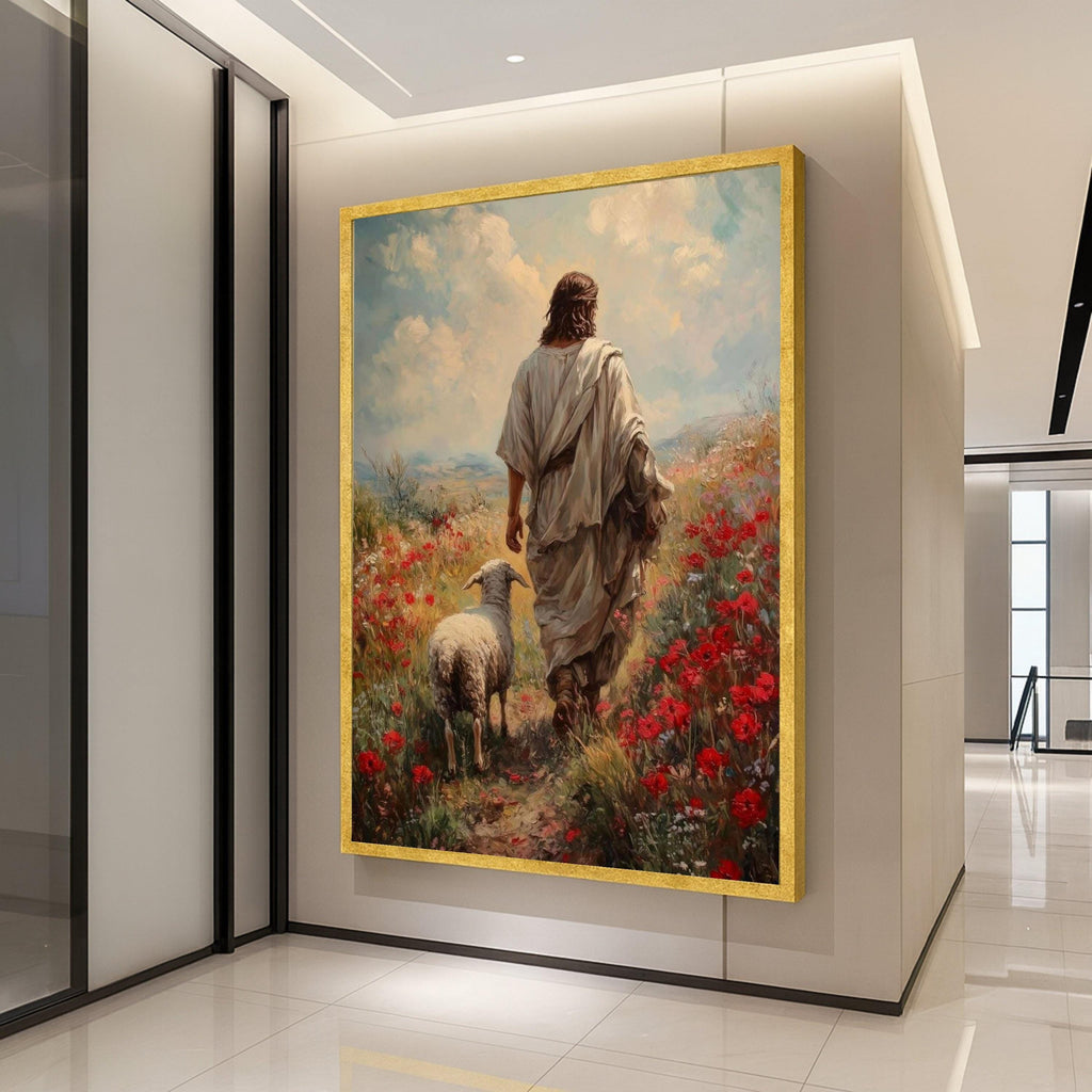 Jesus with Lamb Canvas Print – Christian Wall Art, Pastoral Faith Wall Decor, Ready to Hang Religious Wall Decoration