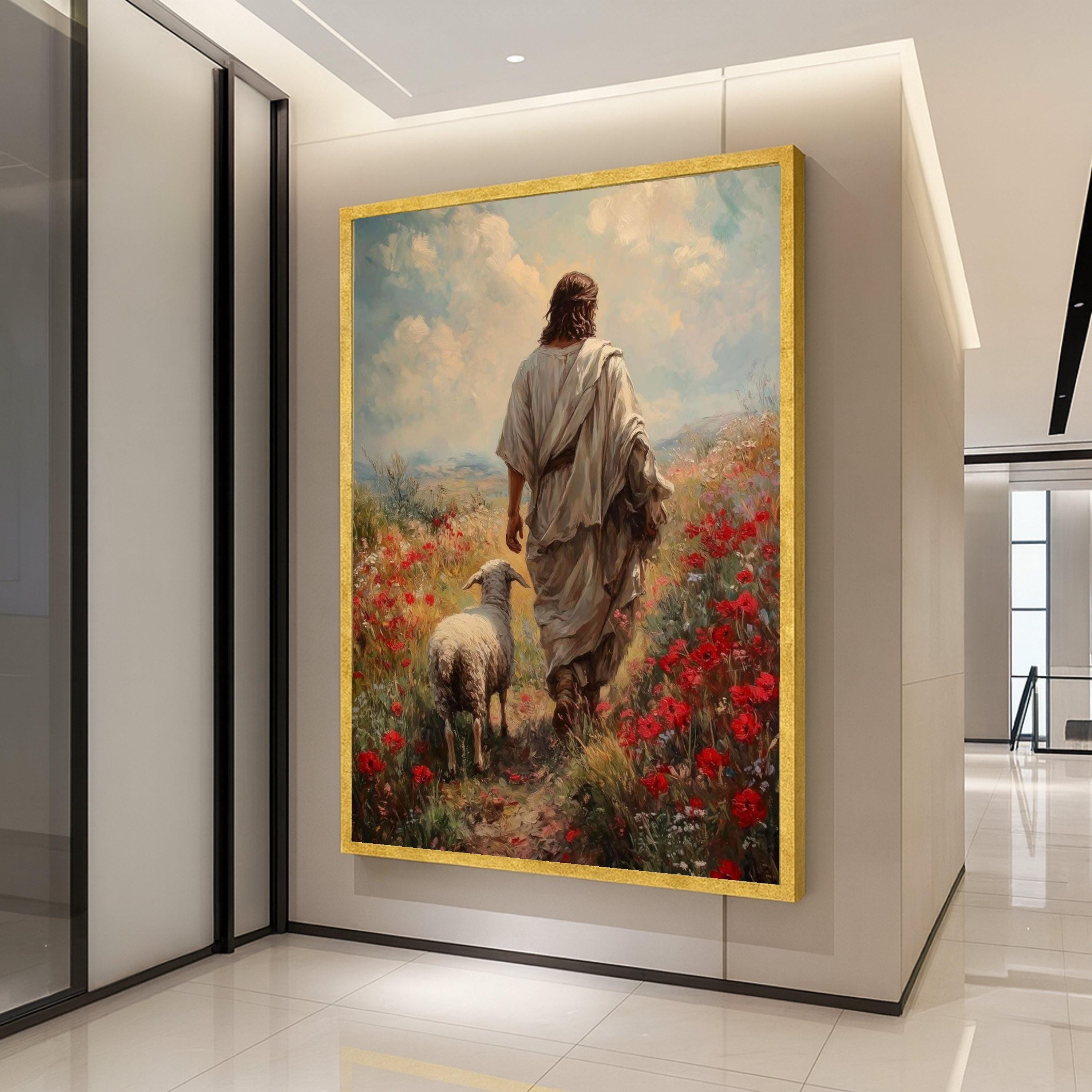 Jesus with Lamb Canvas Print – Christian Wall Art, Pastoral Faith Wall Decor, Ready to Hang Religious Wall Decoration