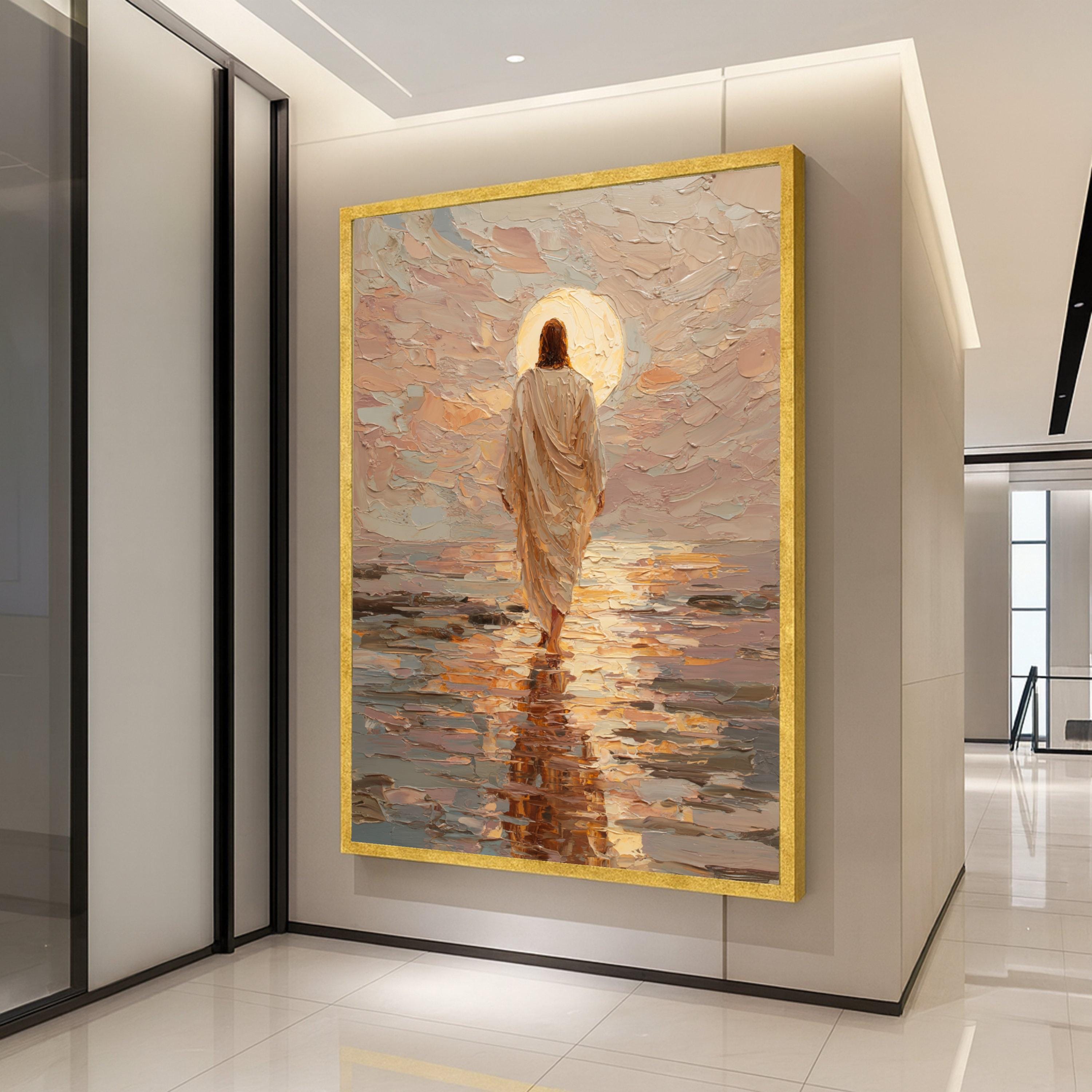 Jesus Walking on Water Canvas Print – Christian Wall Art, Sunset Faith Wall Decor, Ready to Hang Religious Wall Decoration