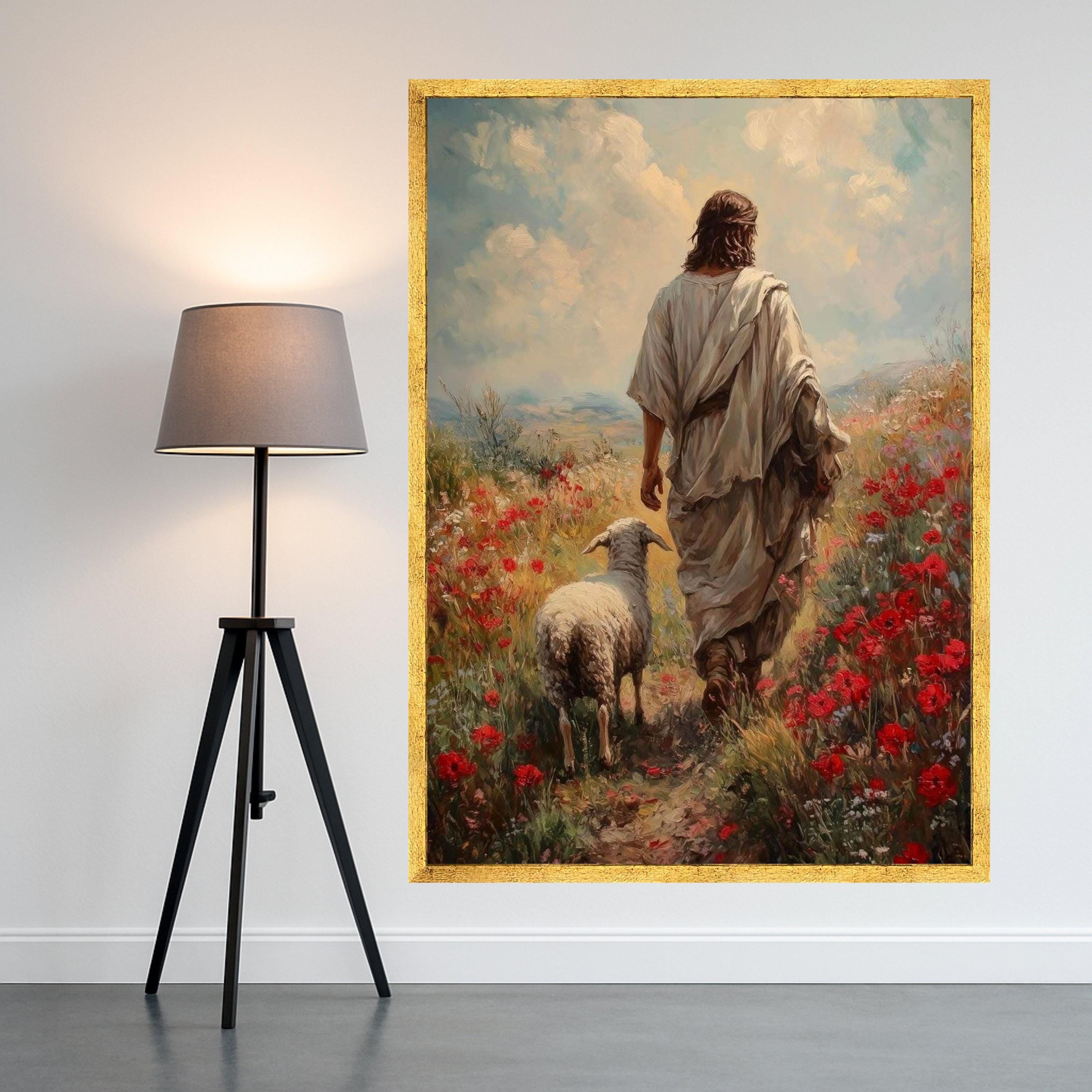 Jesus with Lamb Canvas Print – Christian Wall Art, Pastoral Faith Wall Decor, Ready to Hang Religious Wall Decoration