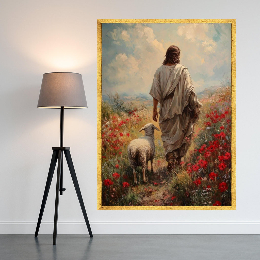 Jesus with Lamb Canvas Print – Christian Wall Art, Pastoral Faith Wall Decor, Ready to Hang Religious Wall Decoration