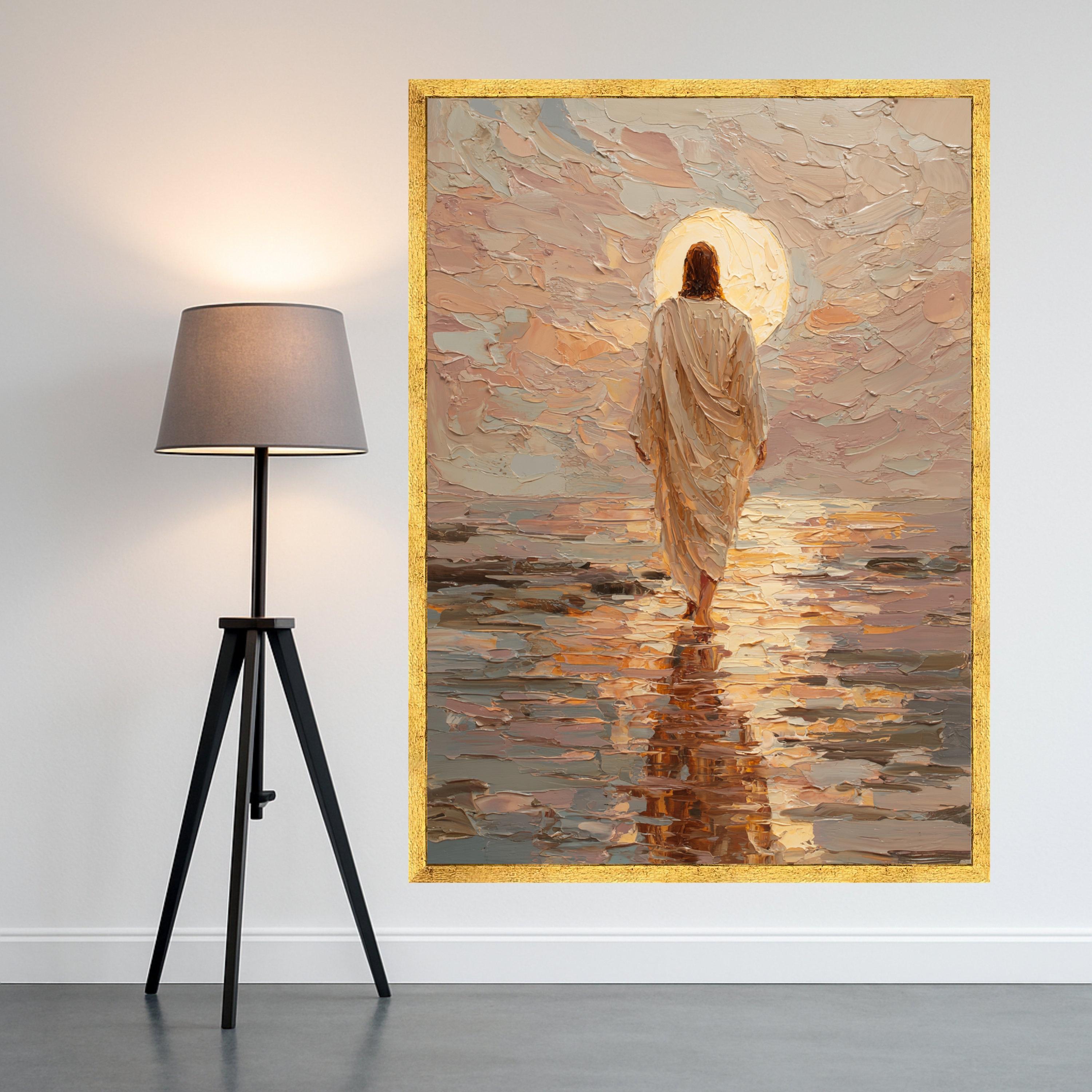 Jesus Walking on Water Canvas Print – Christian Wall Art, Sunset Faith Wall Decor, Ready to Hang Religious Wall Decoration