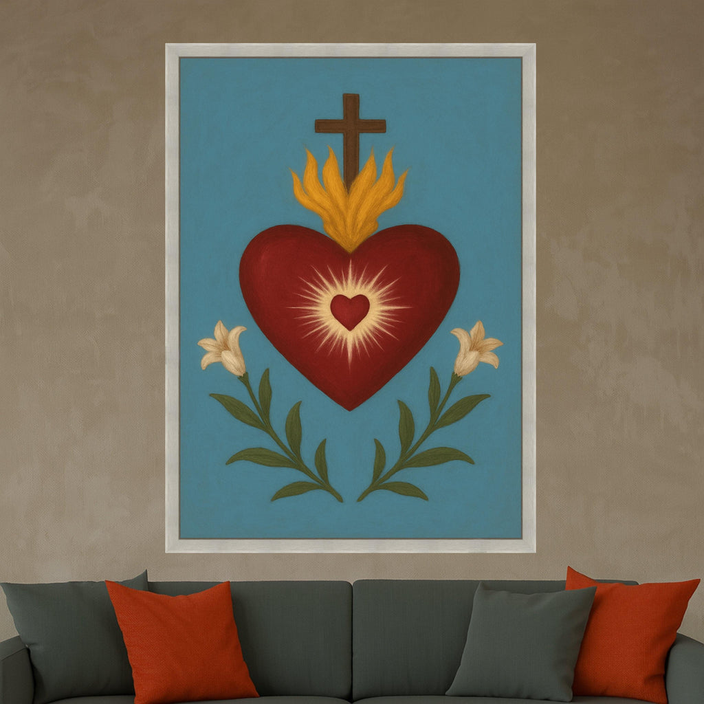 Sacred Heart Canvas Print – Religious Wall Art, Folk Style Wall Decoration, Christian Wall Decor Ready to Hang