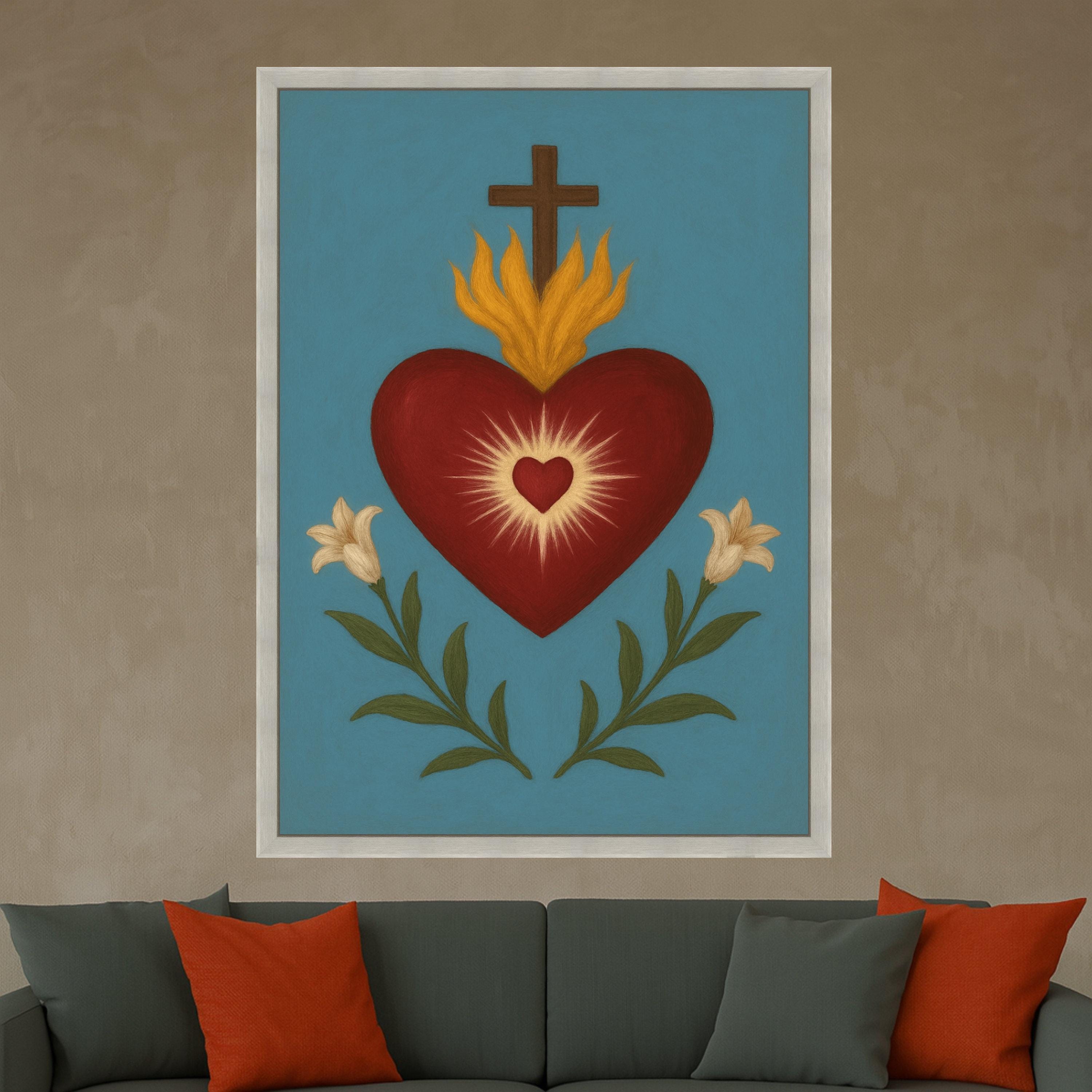 Sacred Heart Canvas Print – Religious Wall Art, Folk Style Wall Decoration, Christian Wall Decor Ready to Hang