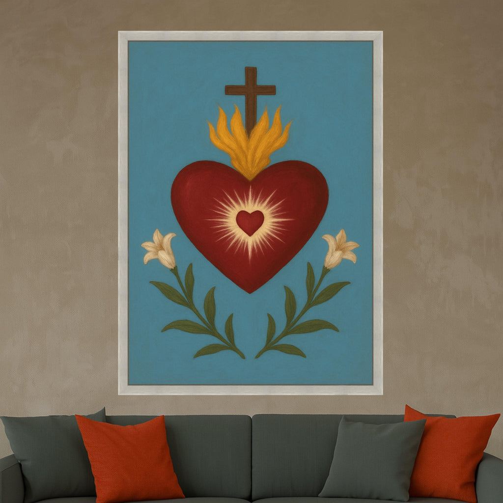 Sacred Heart Canvas Print – Religious Wall Art, Folk Style Wall Decoration, Christian Wall Decor Ready to Hang