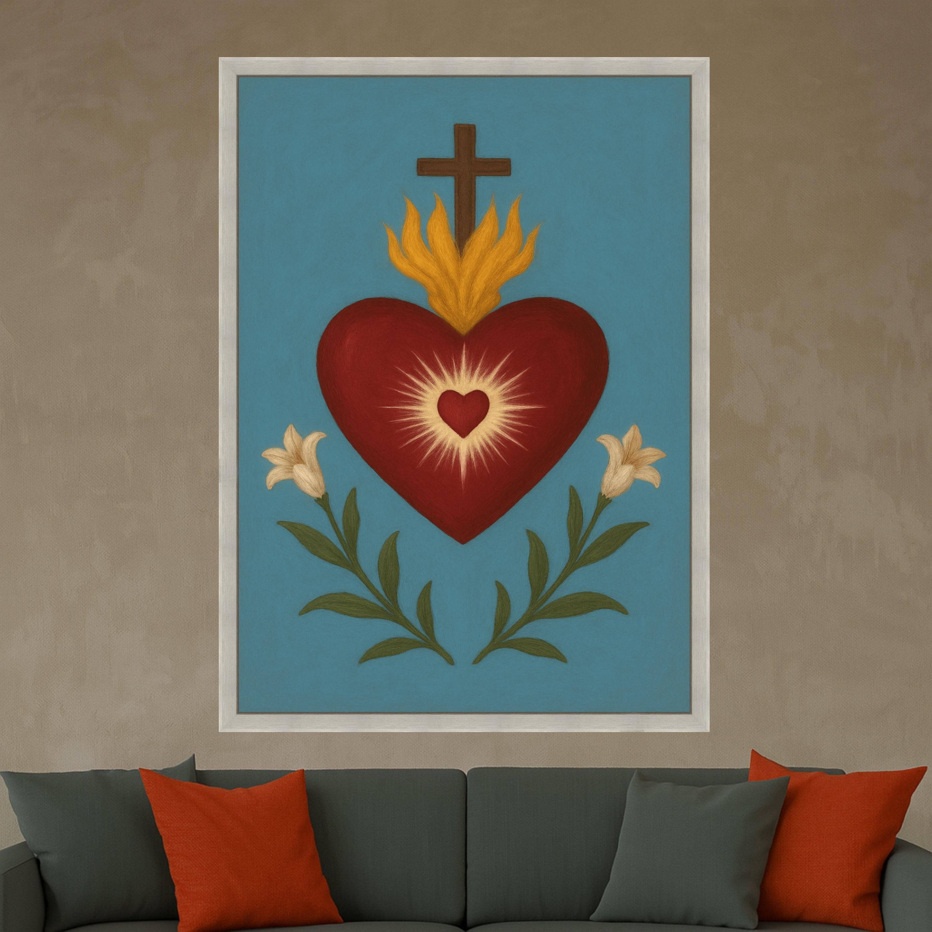 Sacred Heart Canvas Print – Religious Wall Art, Folk Style Wall Decoration, Christian Wall Decor Ready to Hang