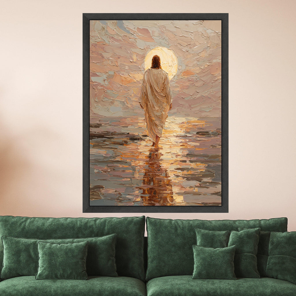 Jesus Walking on Water Canvas Print – Christian Wall Art, Sunset Faith Wall Decor, Ready to Hang Religious Wall Decoration