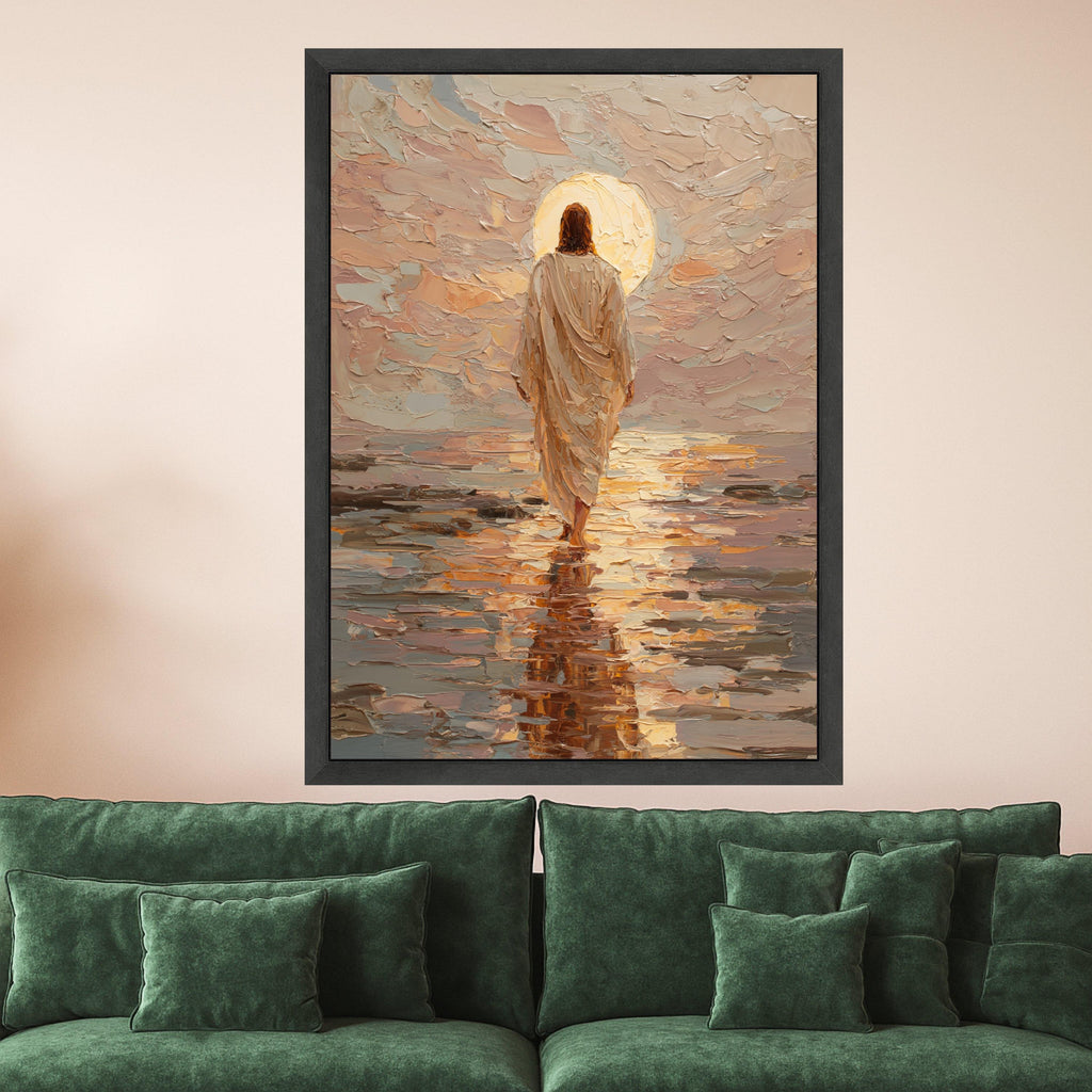 Jesus Walking on Water Canvas Print – Christian Wall Art, Sunset Faith Wall Decor, Ready to Hang Religious Wall Decoration