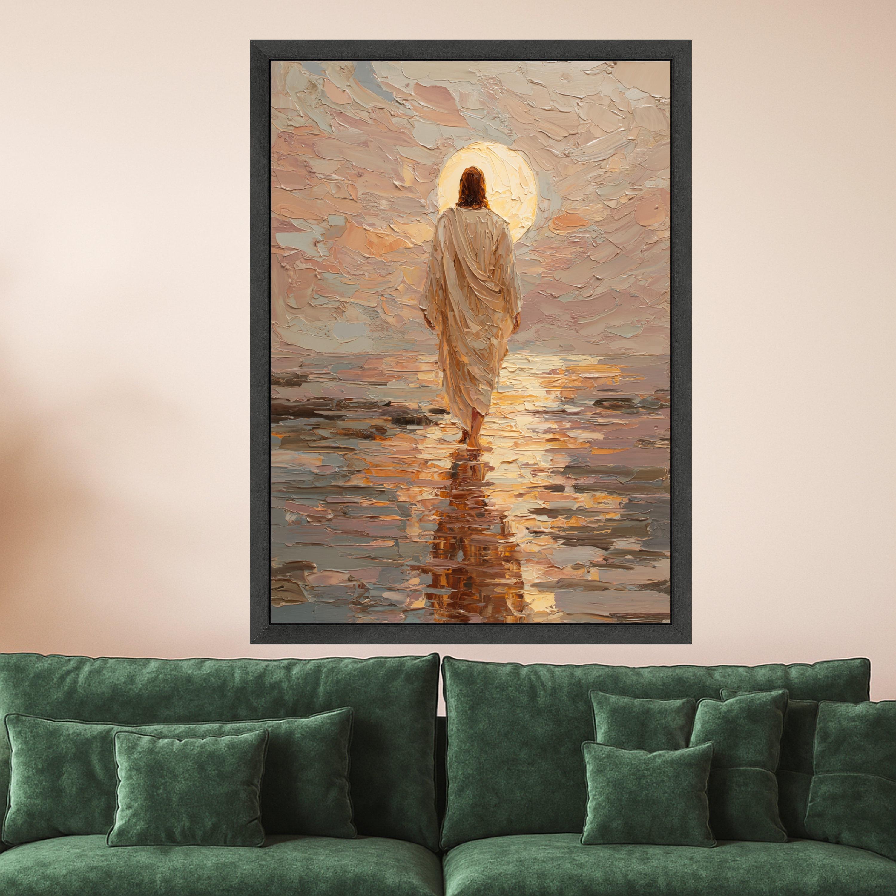 Jesus Walking on Water Canvas Print – Christian Wall Art, Sunset Faith Wall Decor, Ready to Hang Religious Wall Decoration
