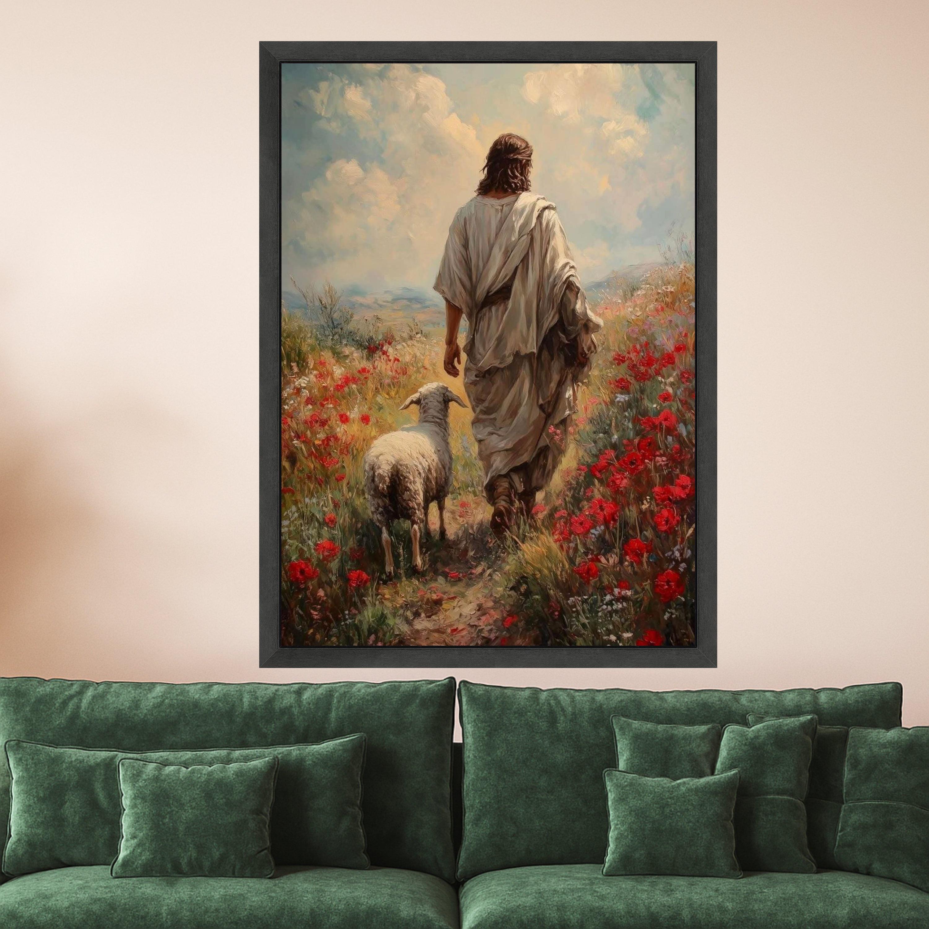 Jesus with Lamb Canvas Print – Christian Wall Art, Pastoral Faith Wall Decor, Ready to Hang Religious Wall Decoration