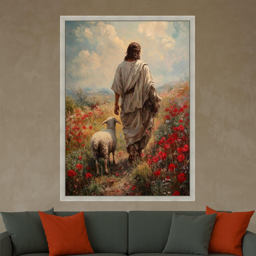 Jesus with Lamb Canvas Print – Christian Wall Art, Pastoral Faith Wall Decor, Ready to Hang Religious Wall Decoration