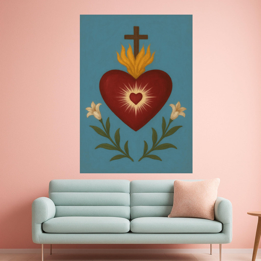 Sacred Heart Canvas Print – Religious Wall Art, Folk Style Wall Decoration, Christian Wall Decor Ready to Hang