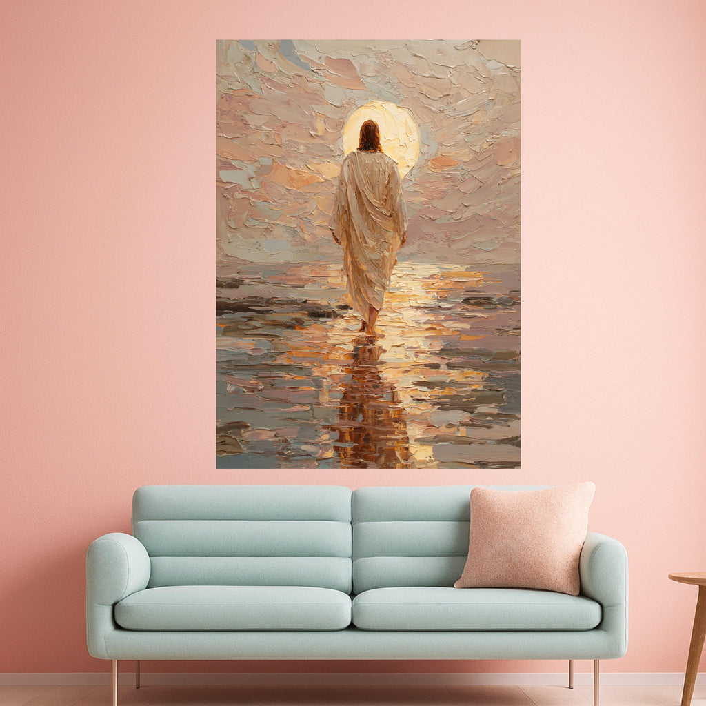 Jesus Walking on Water Canvas Print – Christian Wall Art, Sunset Faith Wall Decor, Ready to Hang Religious Wall Decoration
