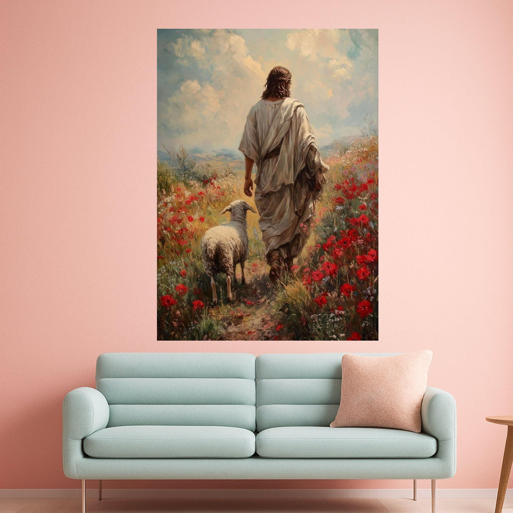 Jesus with Lamb Canvas Print – Christian Wall Art, Pastoral Faith Wall Decor, Ready to Hang Religious Wall Decoration