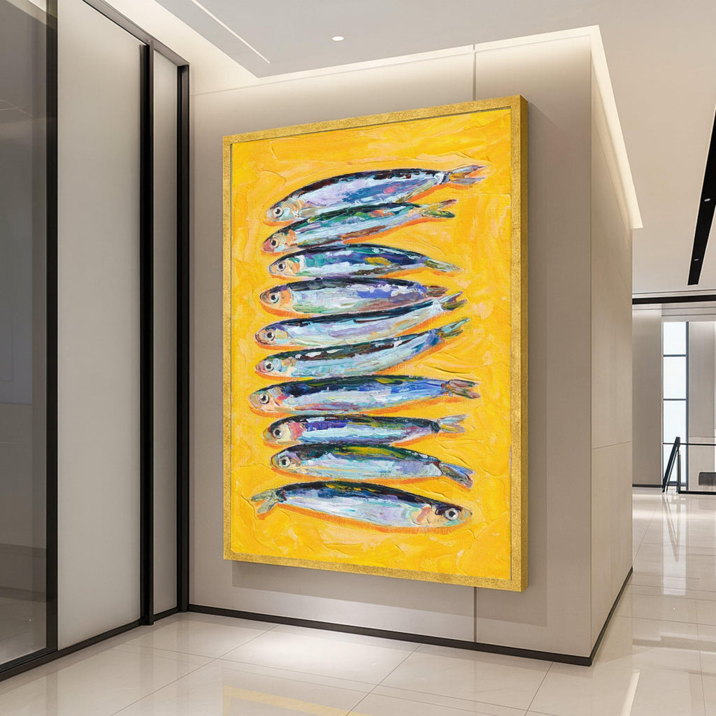 Colorful Fish Canvas Print – Modern Coastal Kitchen Wall Art – Bold Yellow Wall Decor – Ready to Hang Nautical Painting