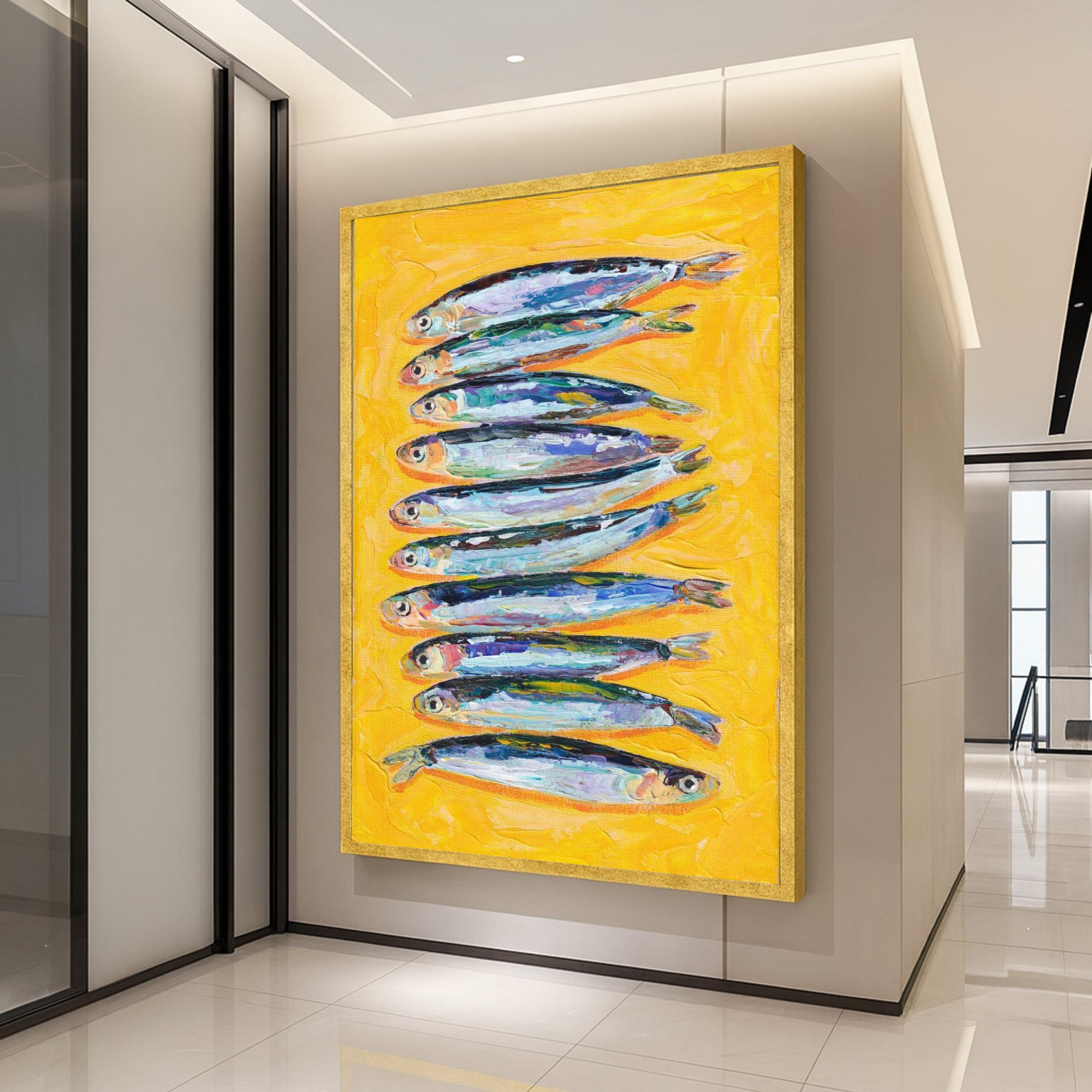 Colorful Fish Canvas Print – Modern Coastal Kitchen Wall Art – Bold Yellow Wall Decor – Ready to Hang Nautical Painting