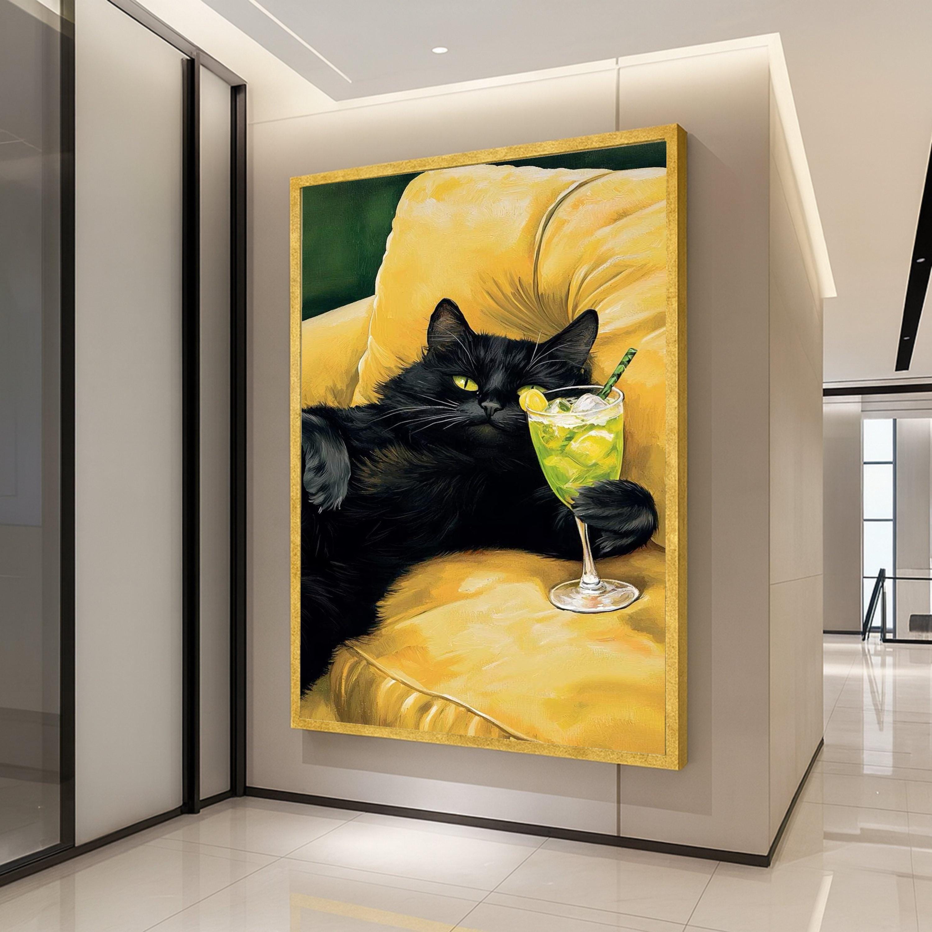 Black Cat Cocktail Canvas Print – Funny Cat Wall Art, Wall Decor, Ready to Hang Wall Decoration